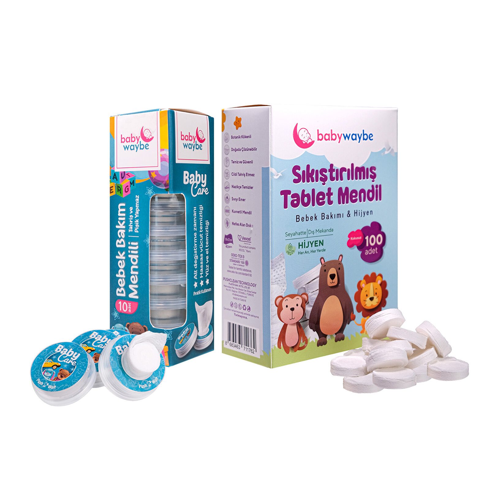 Bebekler için Sıkıştırılmış Tablet Mendili 100 Adet ve Temizlik Hijyen Kapsül Mendili 10 Adet