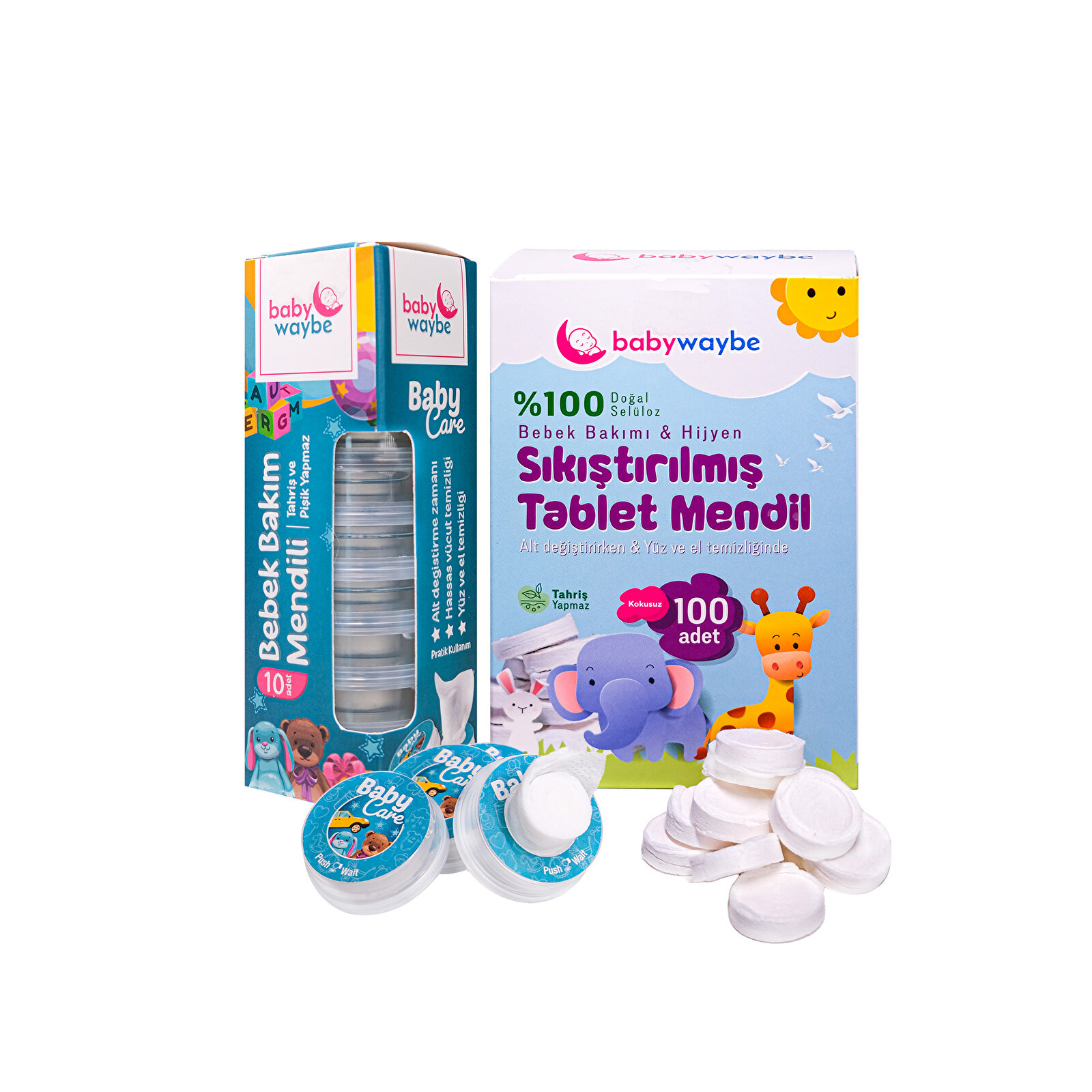 Bebekler için Sıkıştırılmış Tablet Mendili 100 Adet ve Temizlik Hijyen Kapsül Mendili 10 Adet