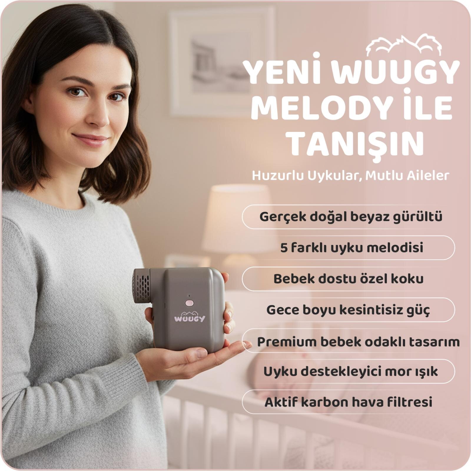 Bebek Uyku Asistanı – Taşınabilir, Titreşimli, Melodili, Beyaz Gürültülü, Hava Filtreli Uyku Yardımcısı