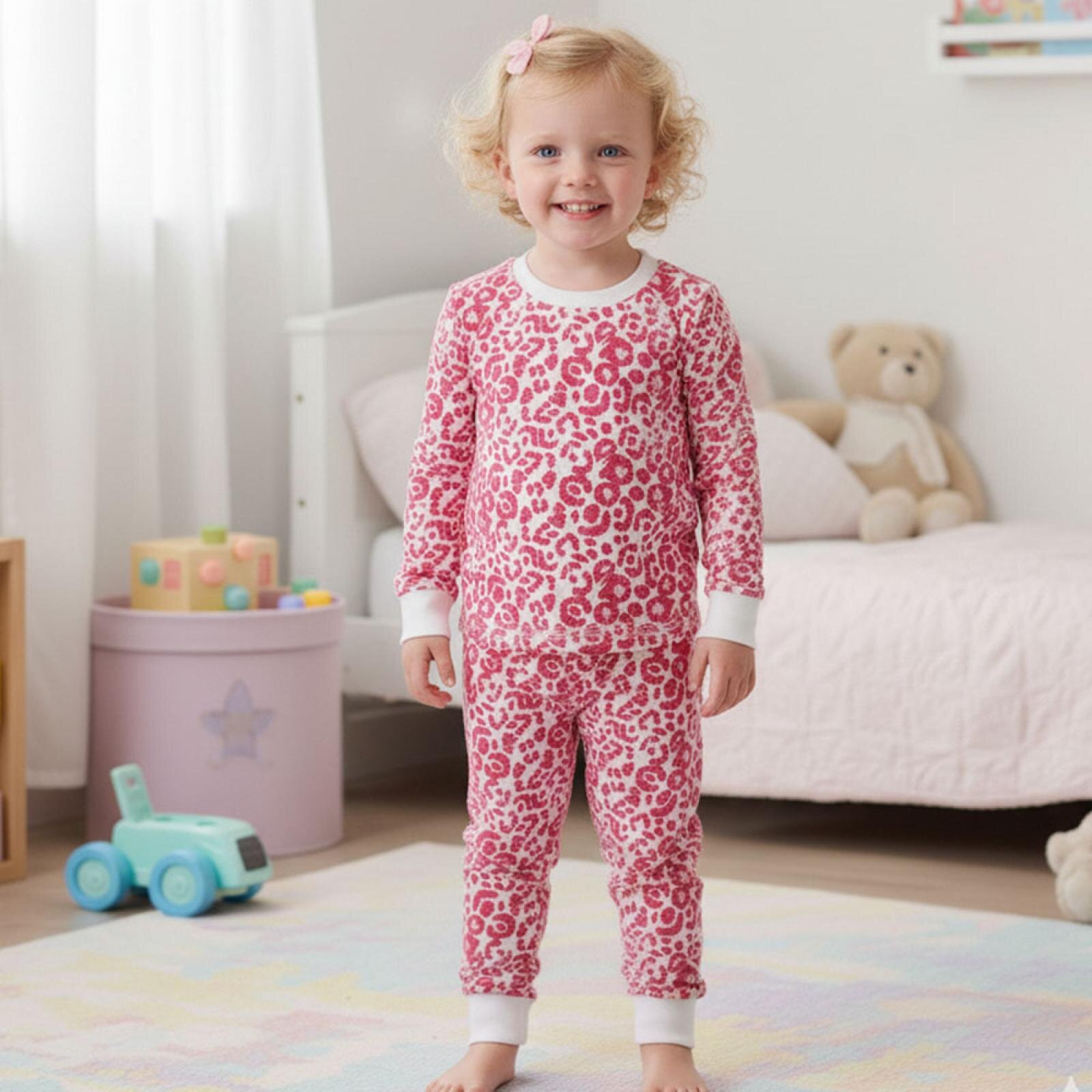 Kız Leopar Desen Çocuk Pijama Takımı Yaka Ribanalı Paça Uzun Kol