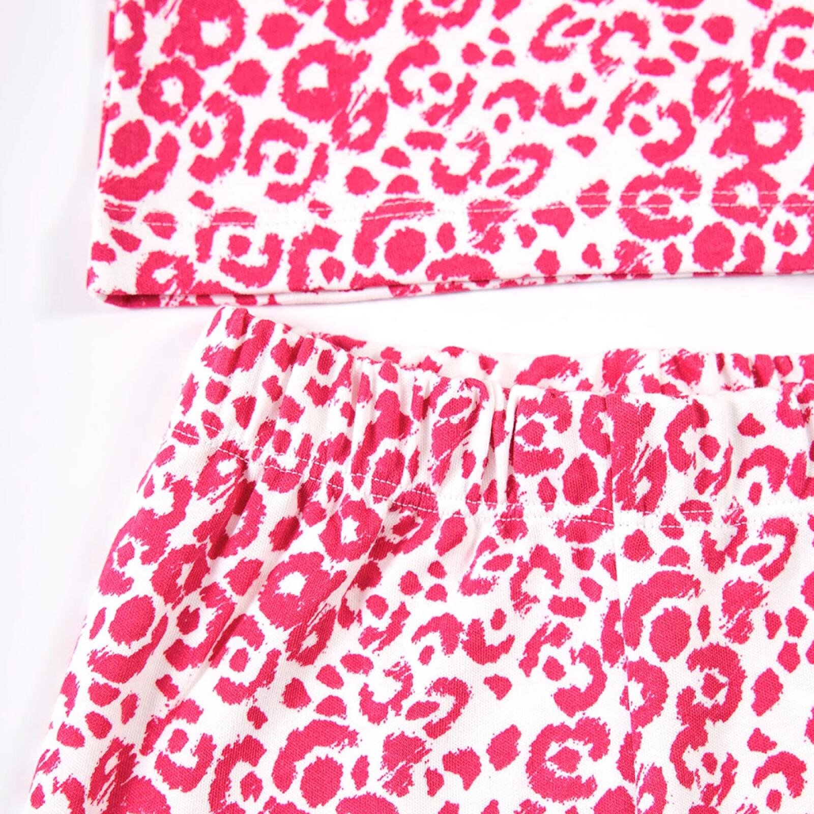 Kız Leopar Desen Çocuk Pijama Takımı Yaka Ribanalı Paça Uzun Kol