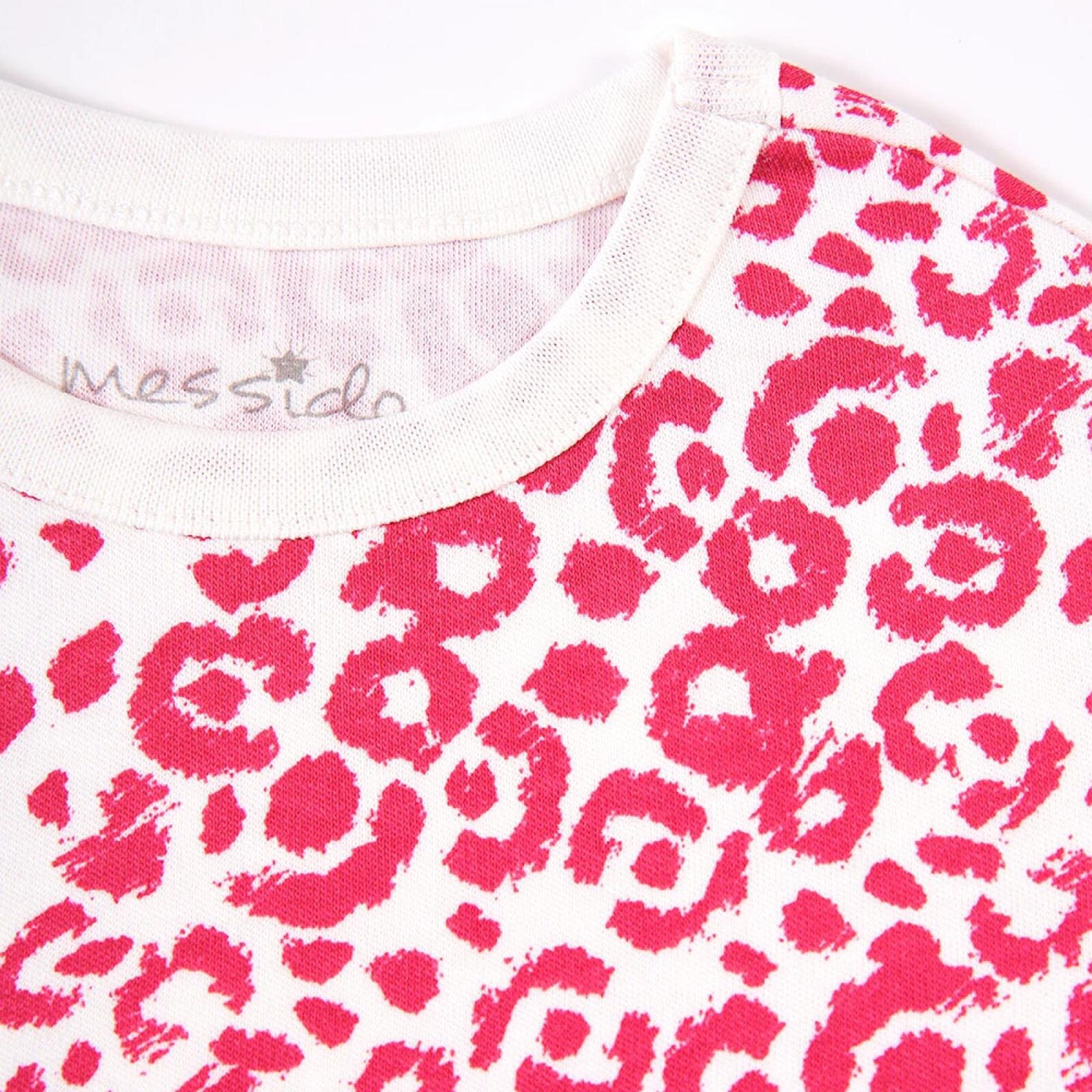 Kız Leopar Desen Çocuk Pijama Takımı Yaka Ribanalı Paça Uzun Kol