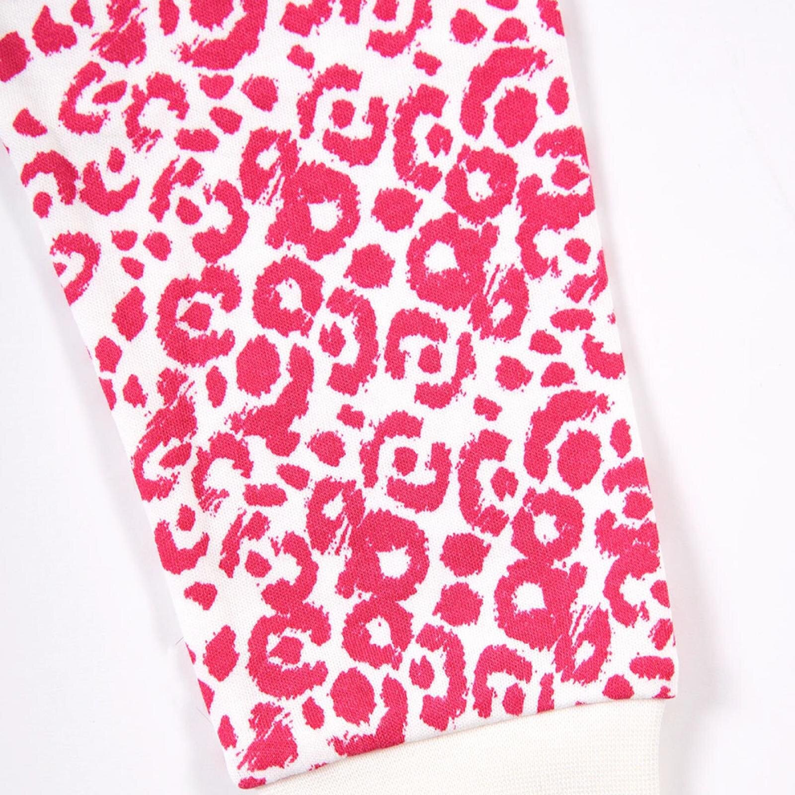 Kız Leopar Desen Çocuk Pijama Takımı Yaka Ribanalı Paça Uzun Kol