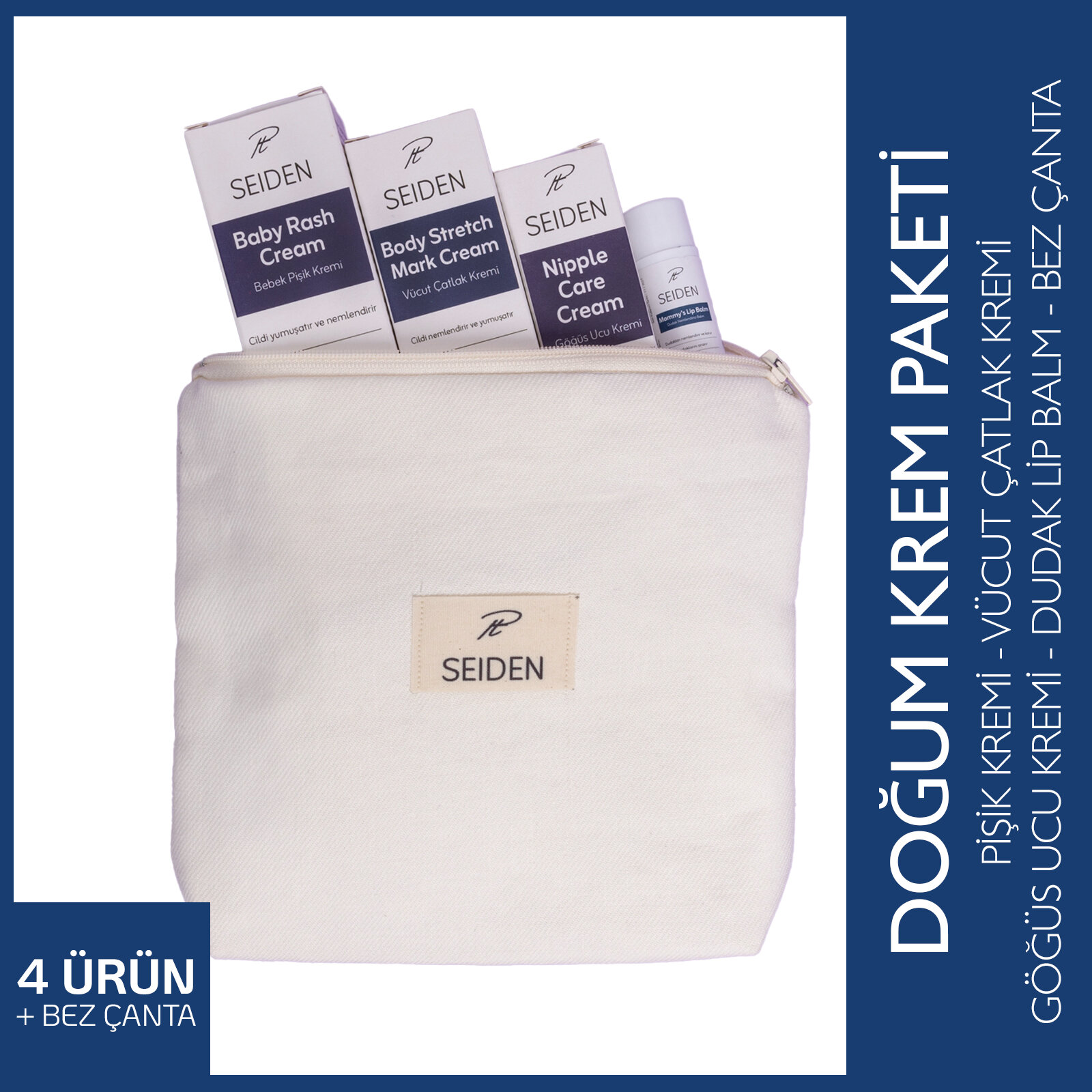 Anne Doğum Krem Paketi Pişik Kremi, Göğüs Ucu Kremi, Çatlak Kremi, Dudak Kremi ve Çantası