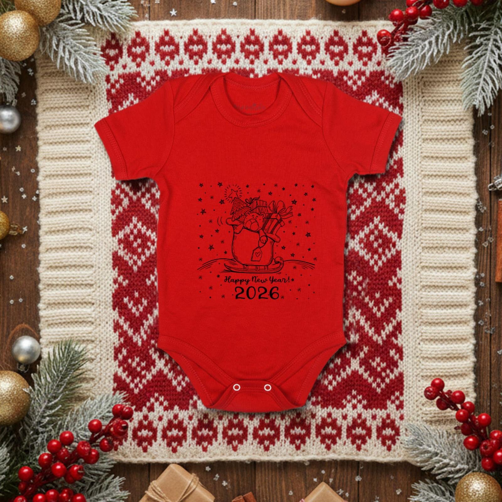 Yılbaşı Temalı Baskılı Kırmızı Bebek Body (%100 Pamuk)