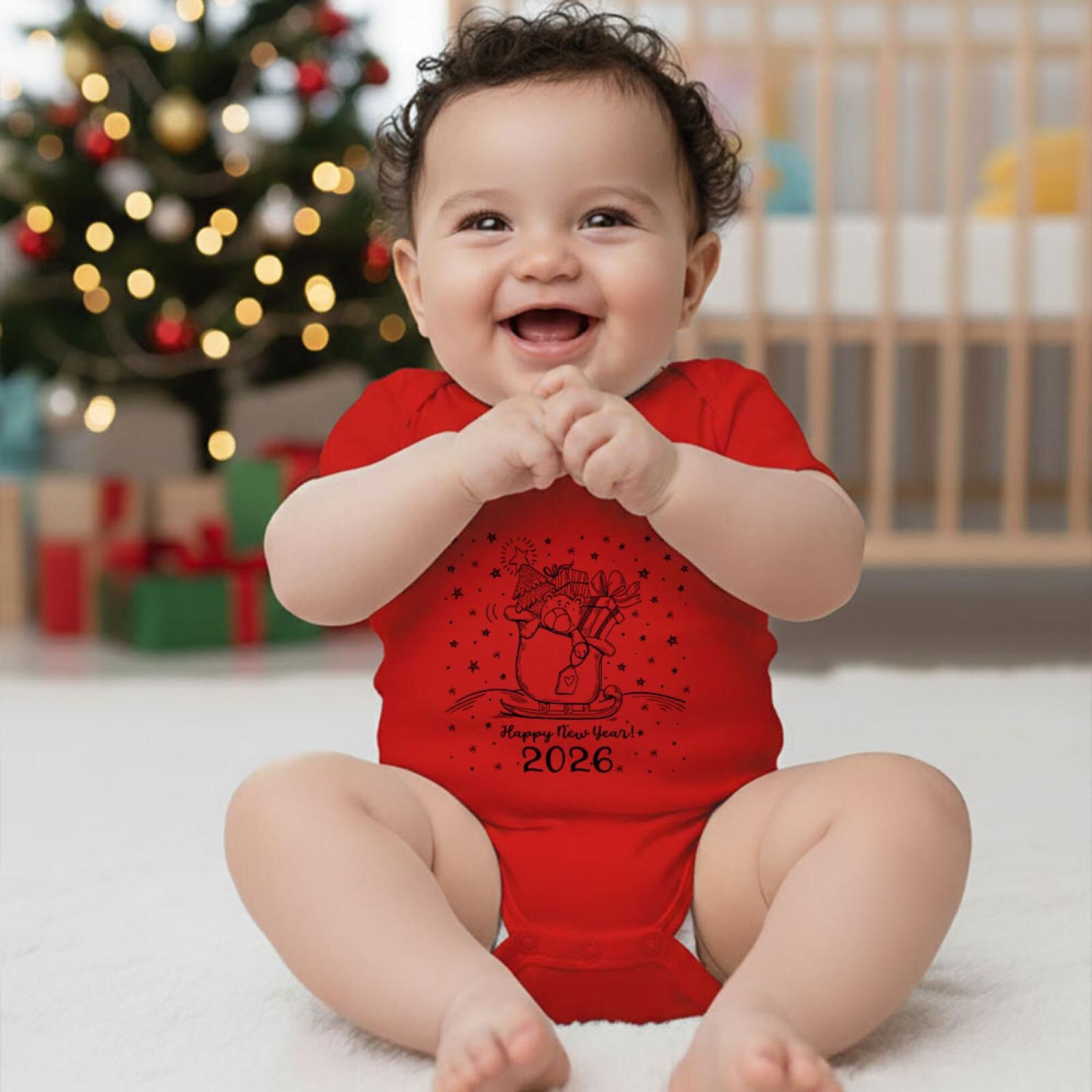 Yılbaşı Temalı Baskılı Kırmızı Bebek Body (%100 Pamuk)