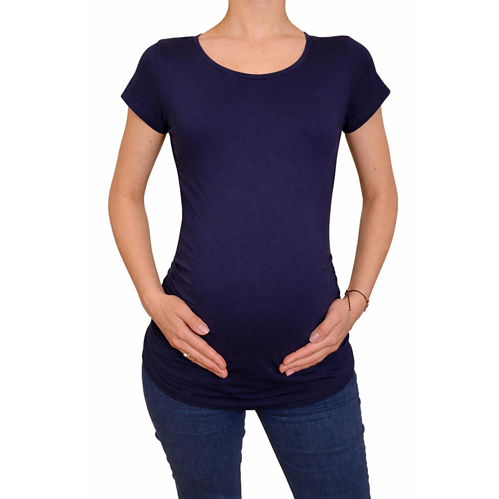 Lacivert Bisiklet Yaka Kısa Kollu Kadın Hamile Tişört