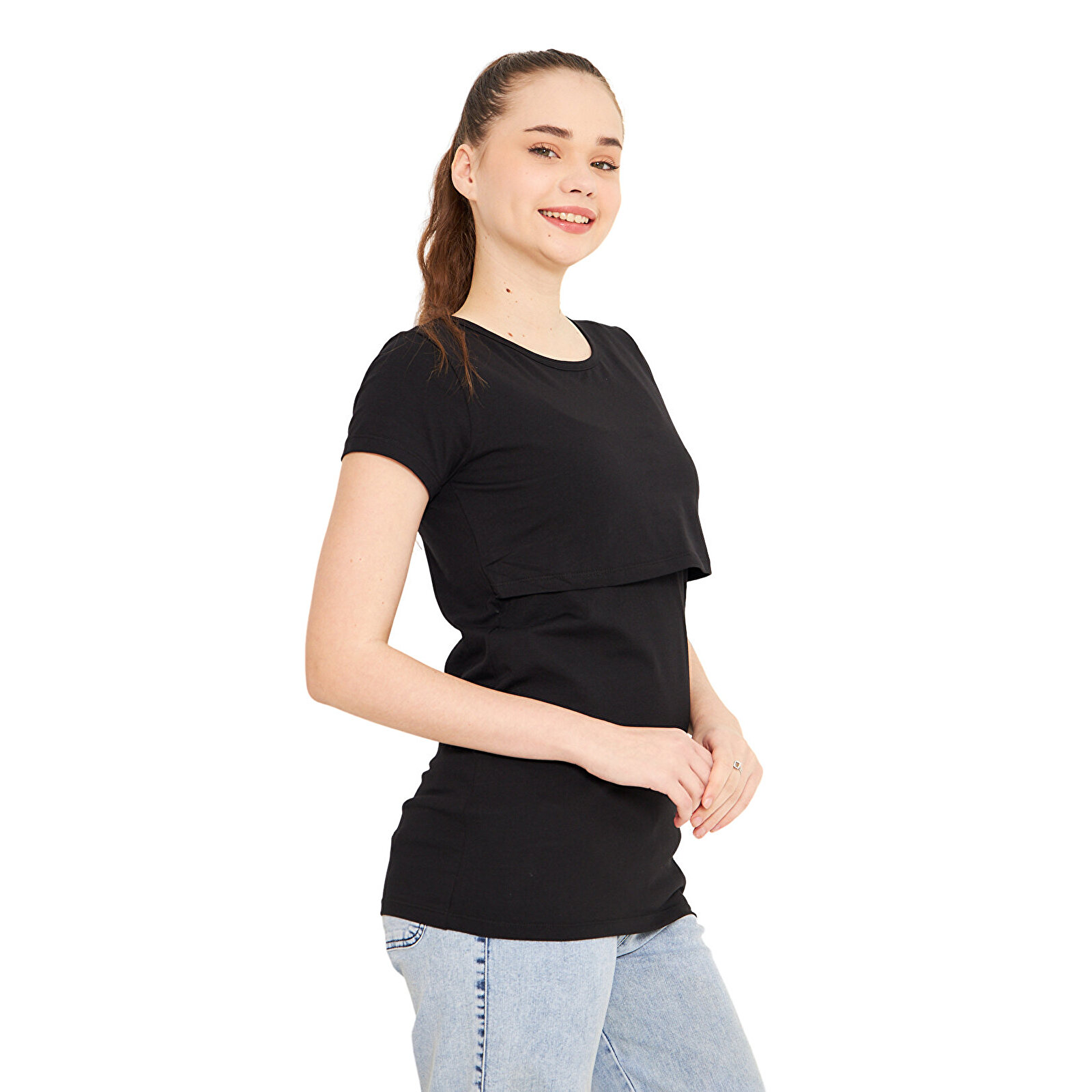 Siyah Bisiklet Yaka Kısa Kollu Kadın Emzirme Tişört