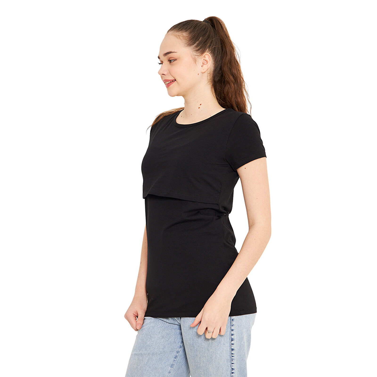 Siyah Bisiklet Yaka Kısa Kollu Kadın Emzirme Tişört