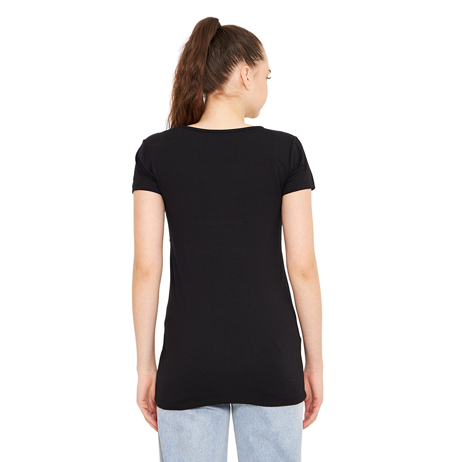 Siyah Bisiklet Yaka Kısa Kollu Kadın Emzirme Tişört