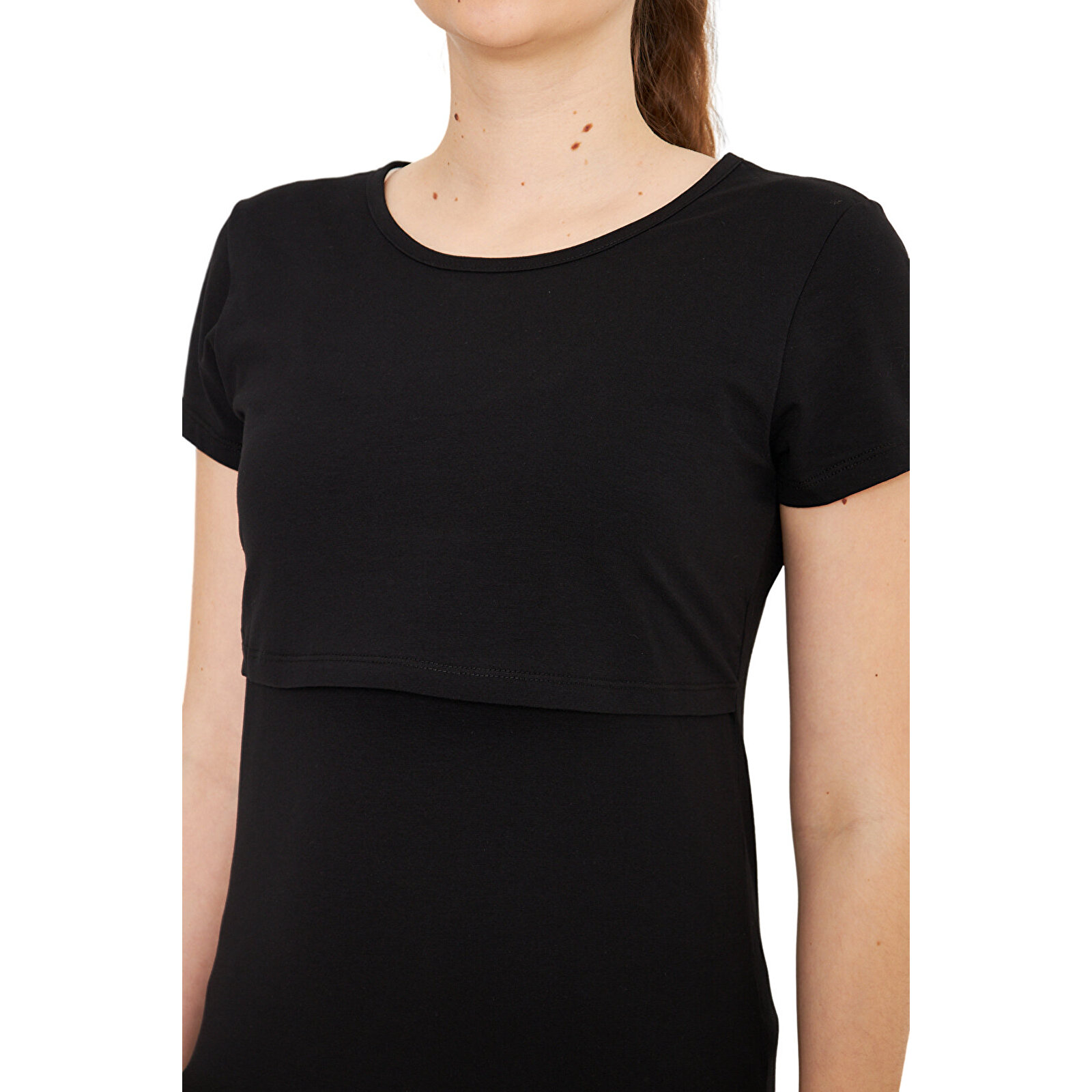 Siyah Bisiklet Yaka Kısa Kollu Kadın Emzirme Tişört