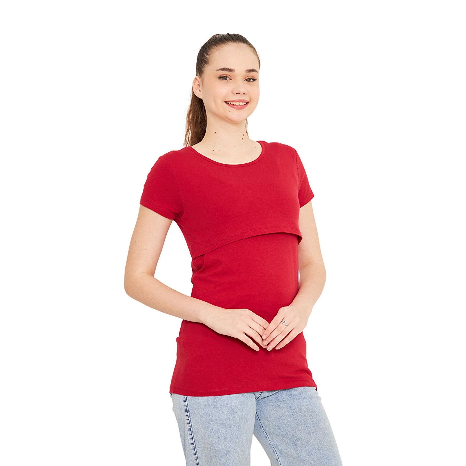 Bordo Bisiklet Yaka Kısa Kollu Kadın Emzirme Tişört