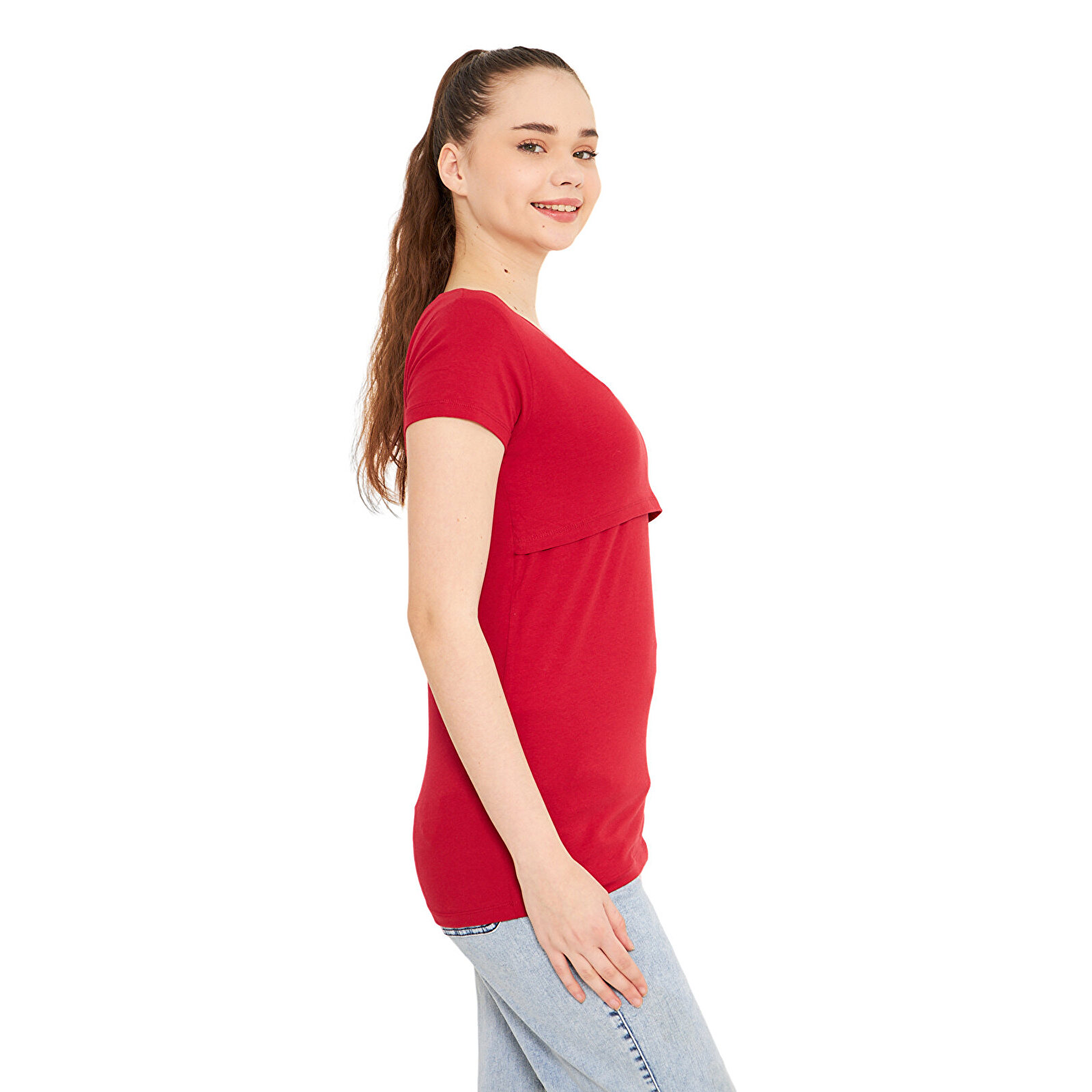 Bordo Bisiklet Yaka Kısa Kollu Kadın Emzirme Tişört