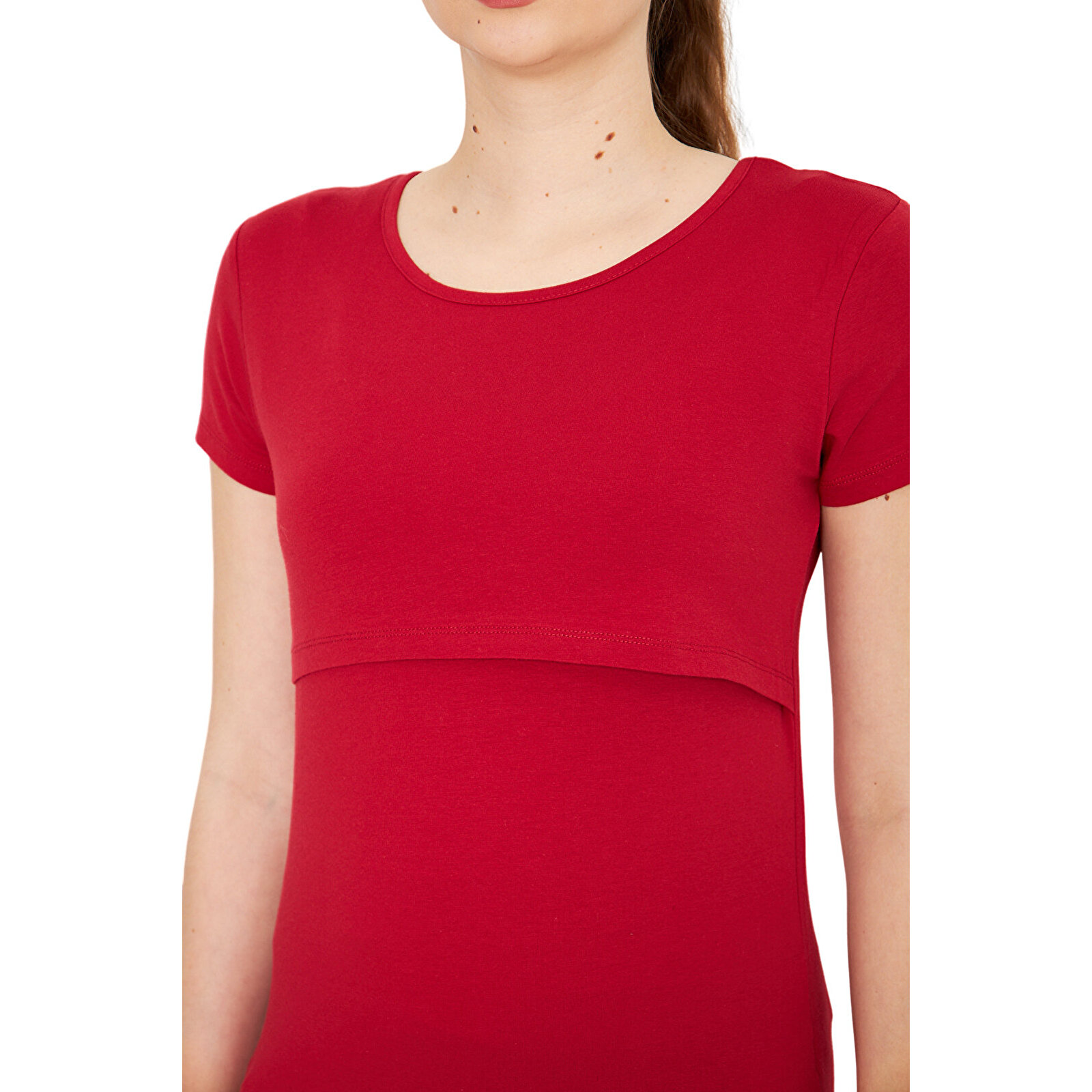 Bordo Bisiklet Yaka Kısa Kollu Kadın Emzirme Tişört