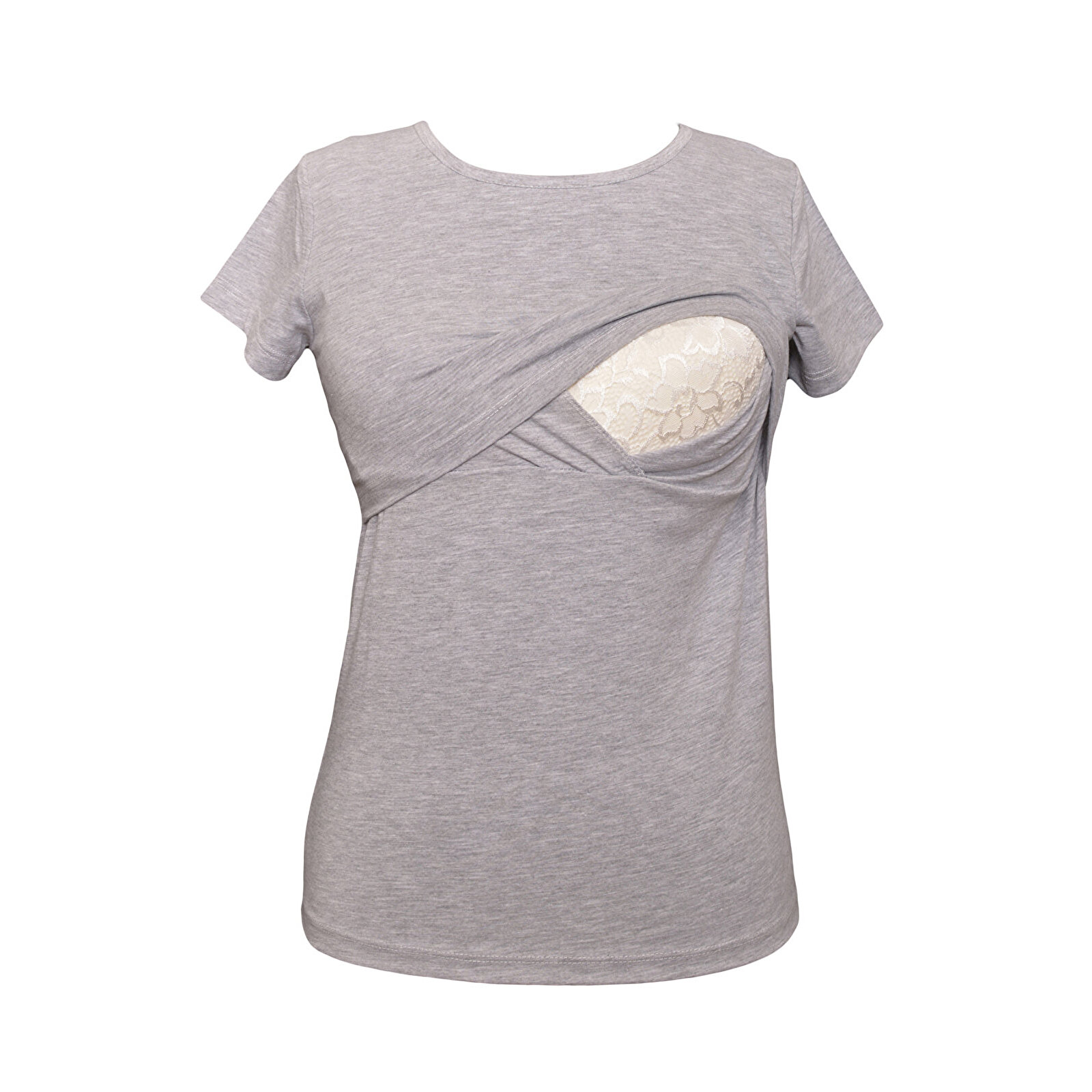 GRİ Bisiklet Yaka Kısa Kollu Kadın Emzirme Tişört