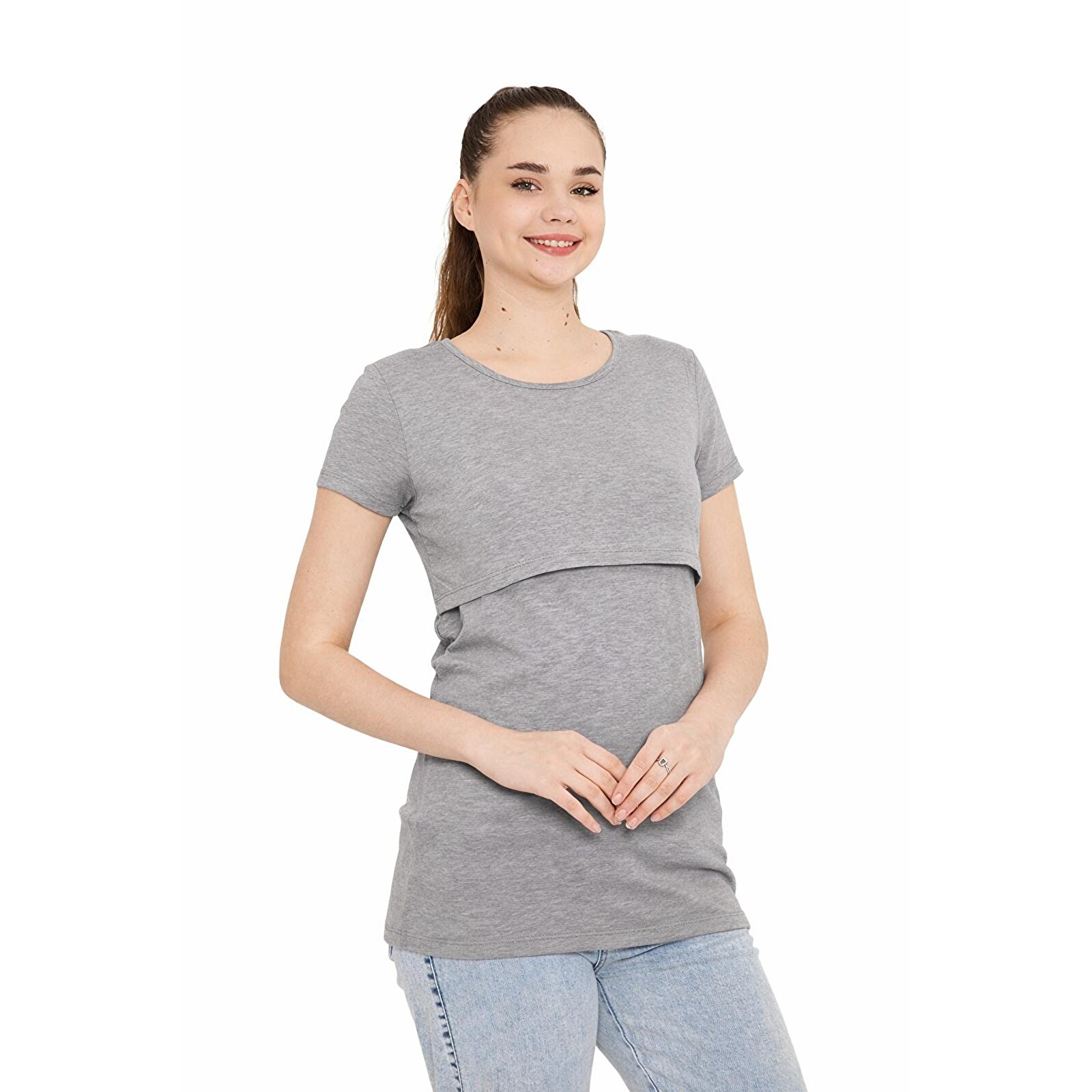 GRİ Bisiklet Yaka Kısa Kollu Kadın Emzirme Tişört