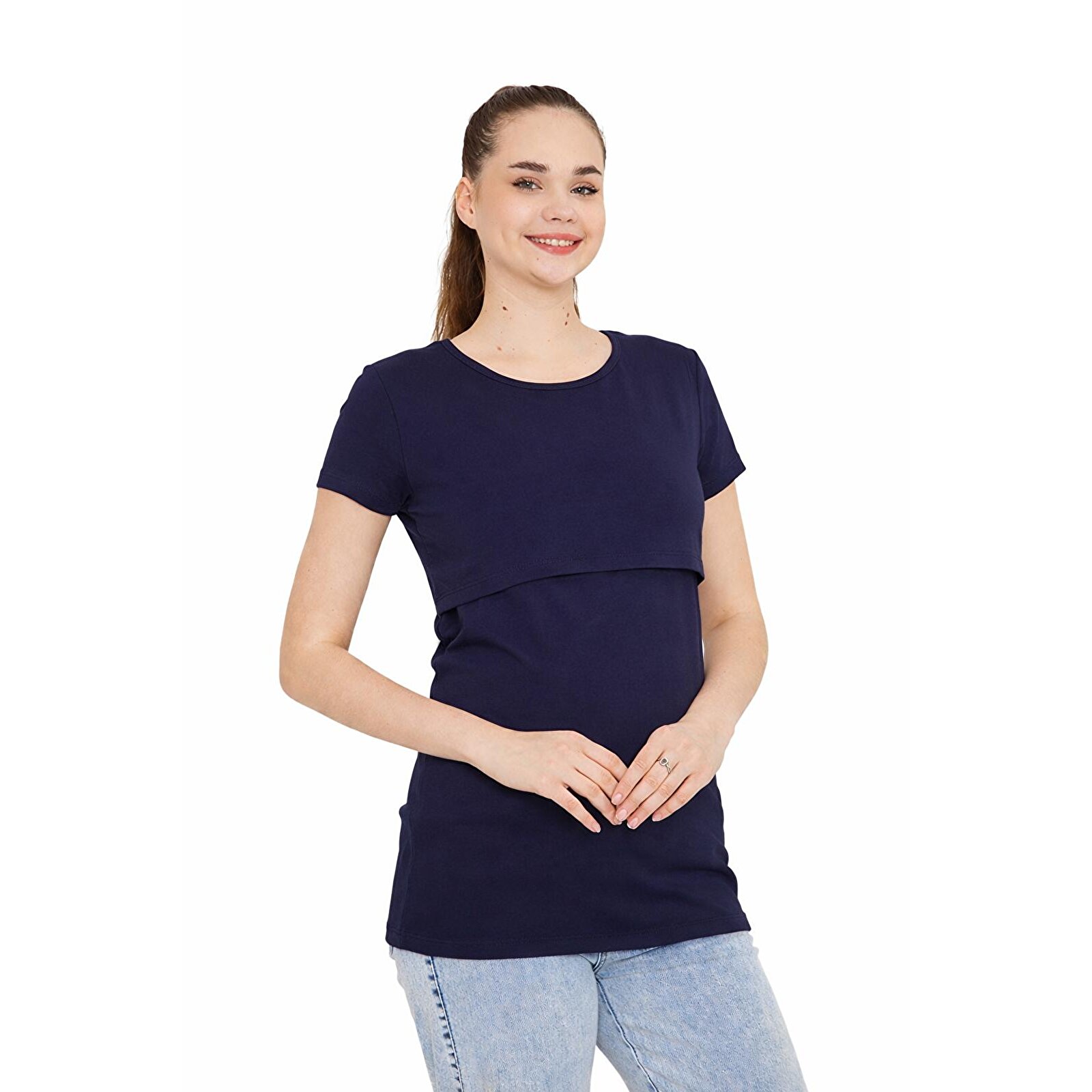 Lacivert Bisiklet Yaka Kısa Kollu Kadın Emzirme Tişört