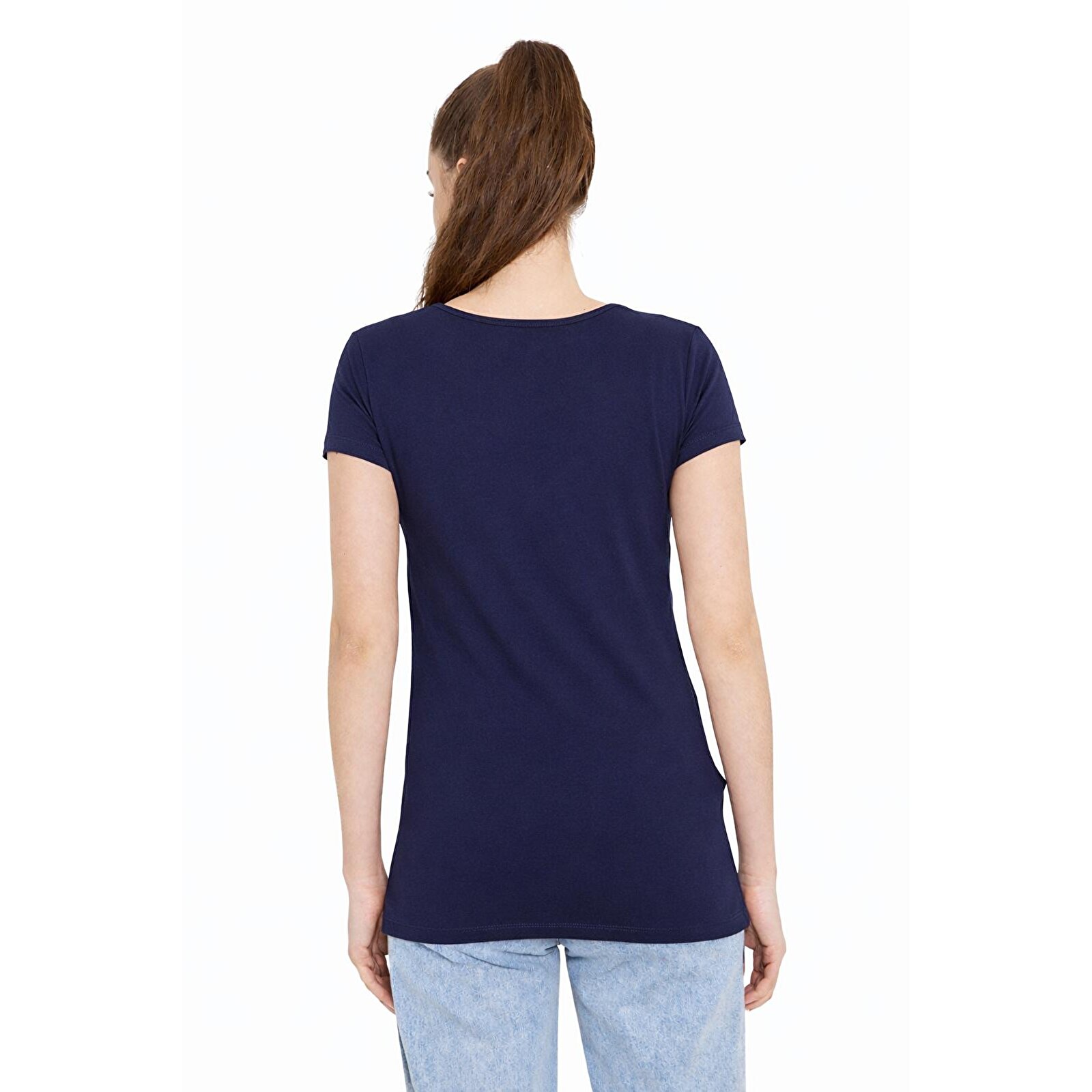 Lacivert Bisiklet Yaka Kısa Kollu Kadın Emzirme Tişört