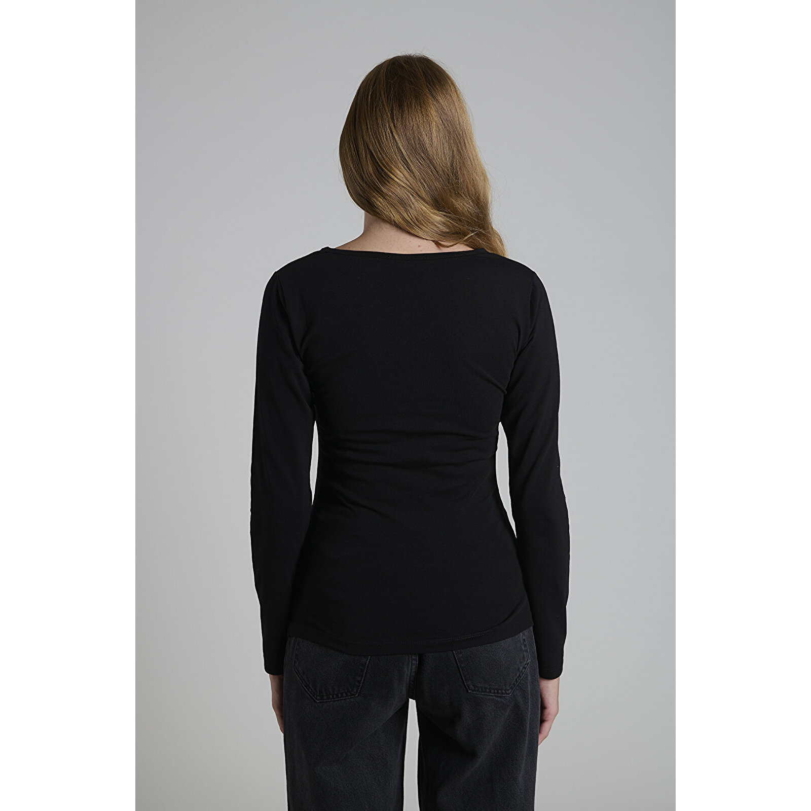 Siyah Bisiklet Yaka Uzun Kollu Kadın Hamile Tişört