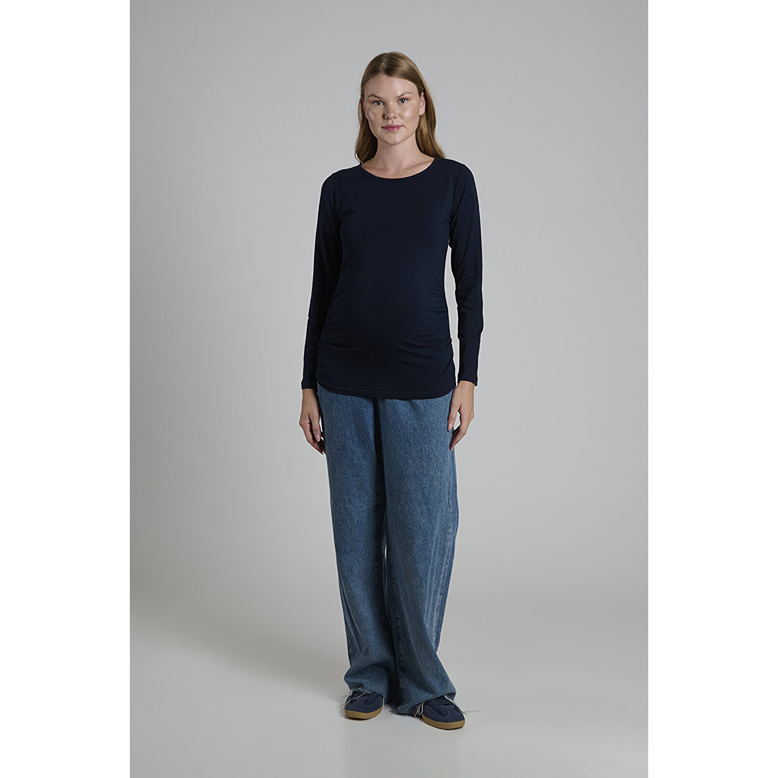 Lacivert Bisiklet Yaka Uzun Kollu Kadın Hamile Tişört