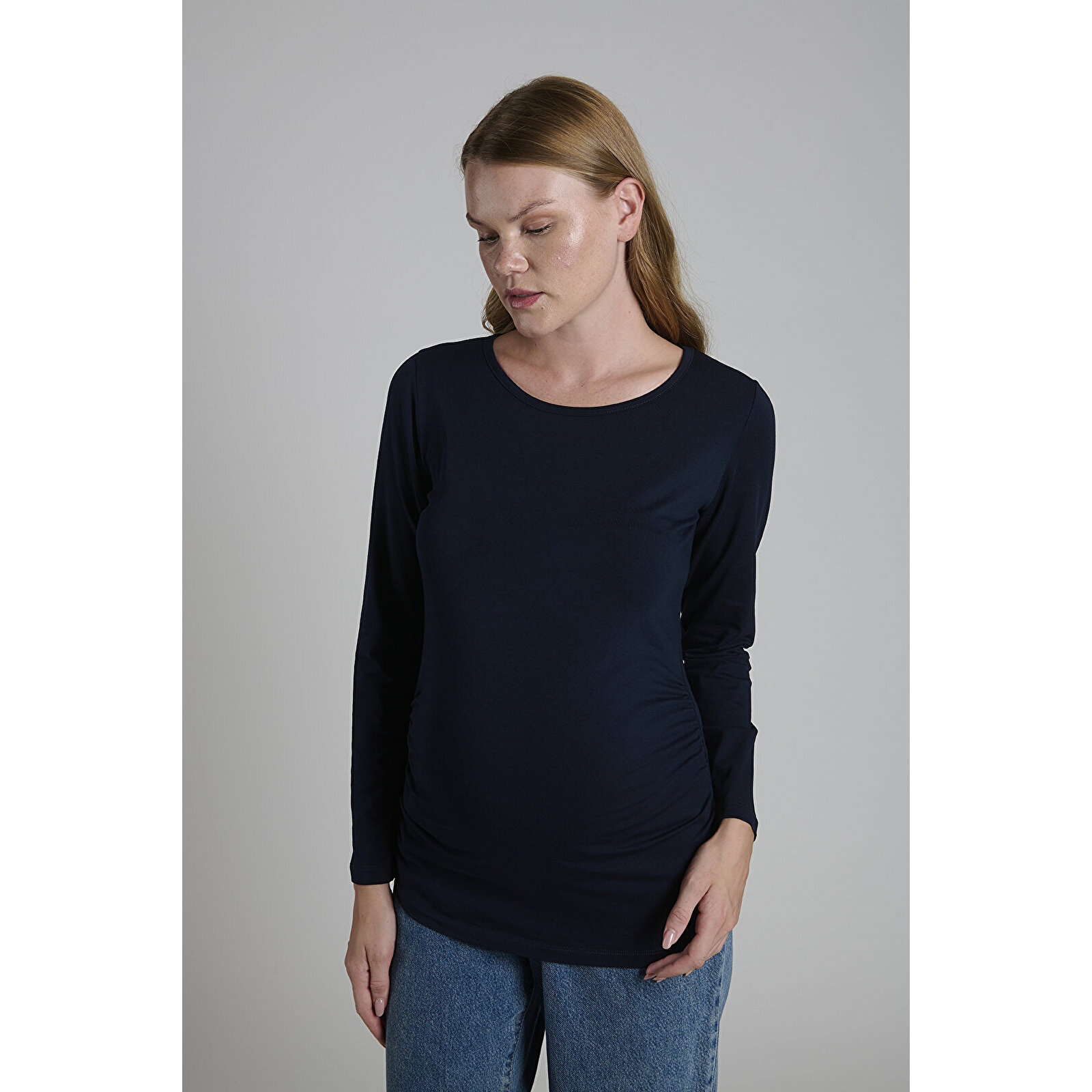 Lacivert Bisiklet Yaka Uzun Kollu Kadın Hamile Tişört