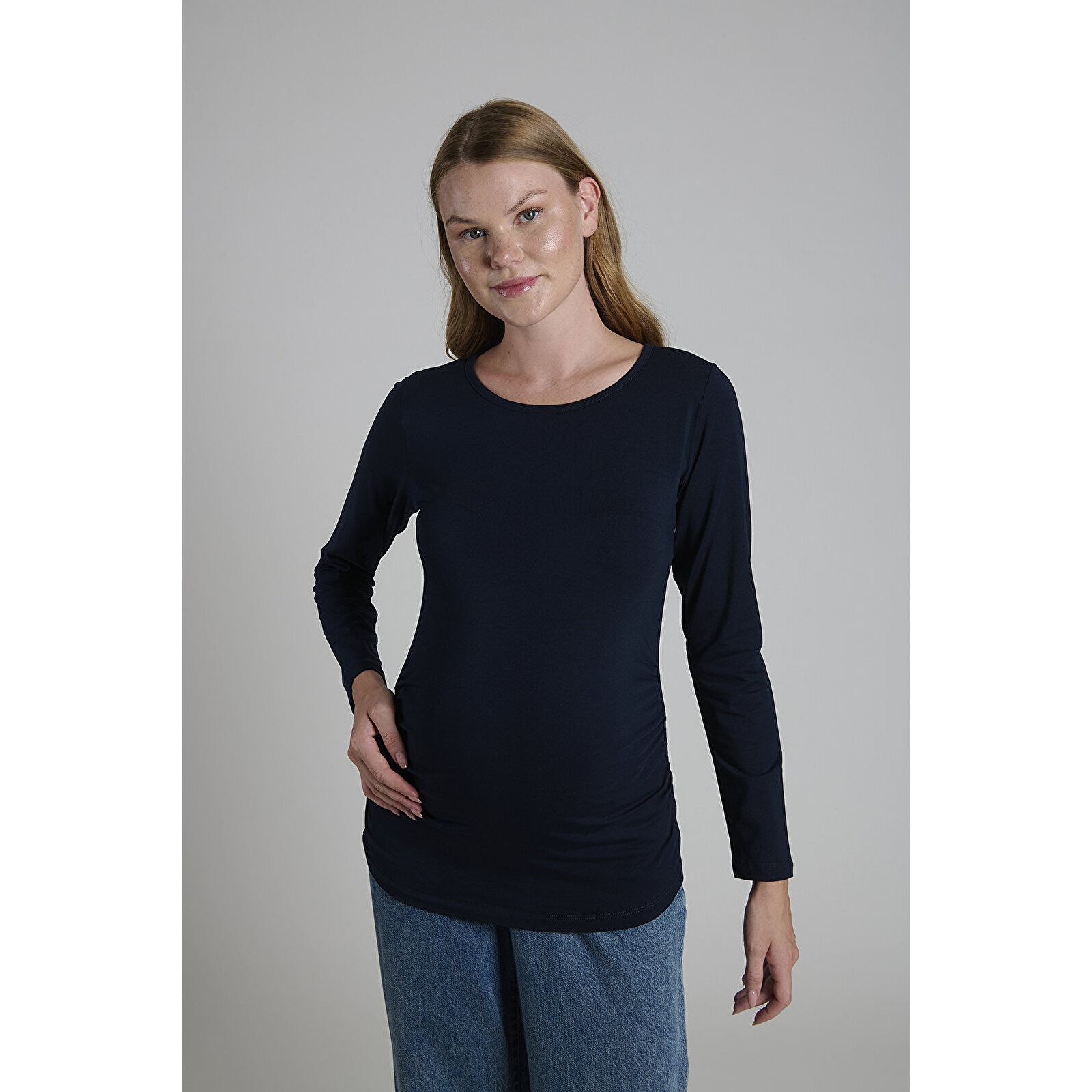 Lacivert Bisiklet Yaka Uzun Kollu Kadın Hamile Tişört