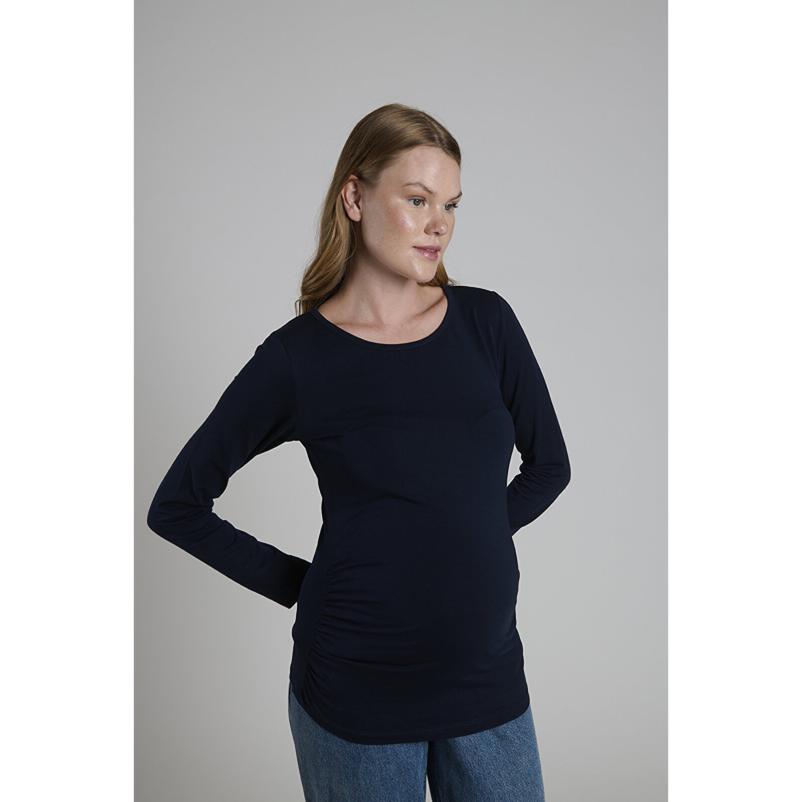 Lacivert Bisiklet Yaka Uzun Kollu Kadın Hamile Tişört