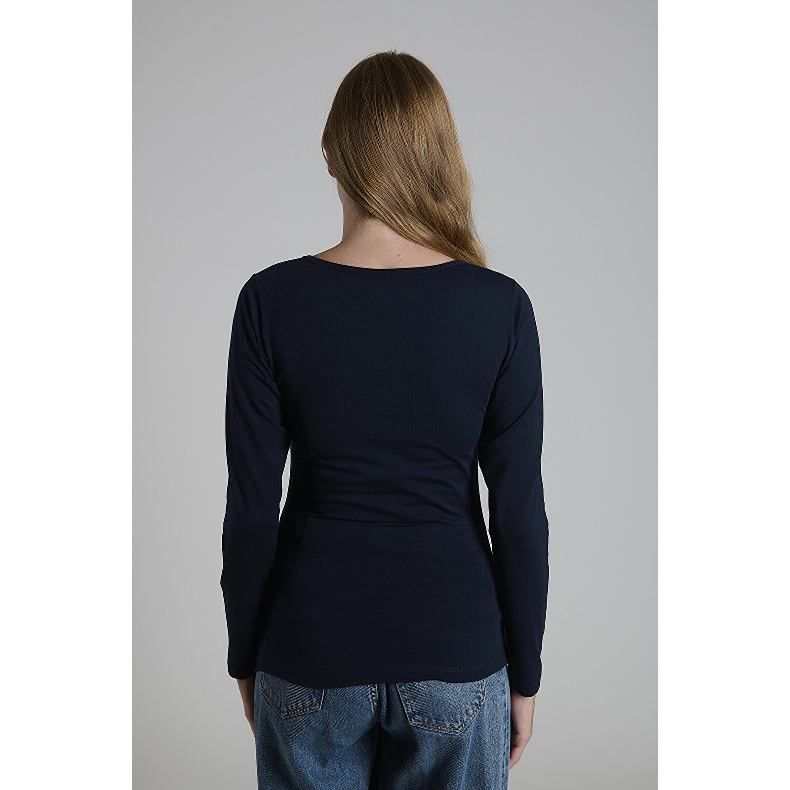 Lacivert Bisiklet Yaka Uzun Kollu Kadın Hamile Tişört