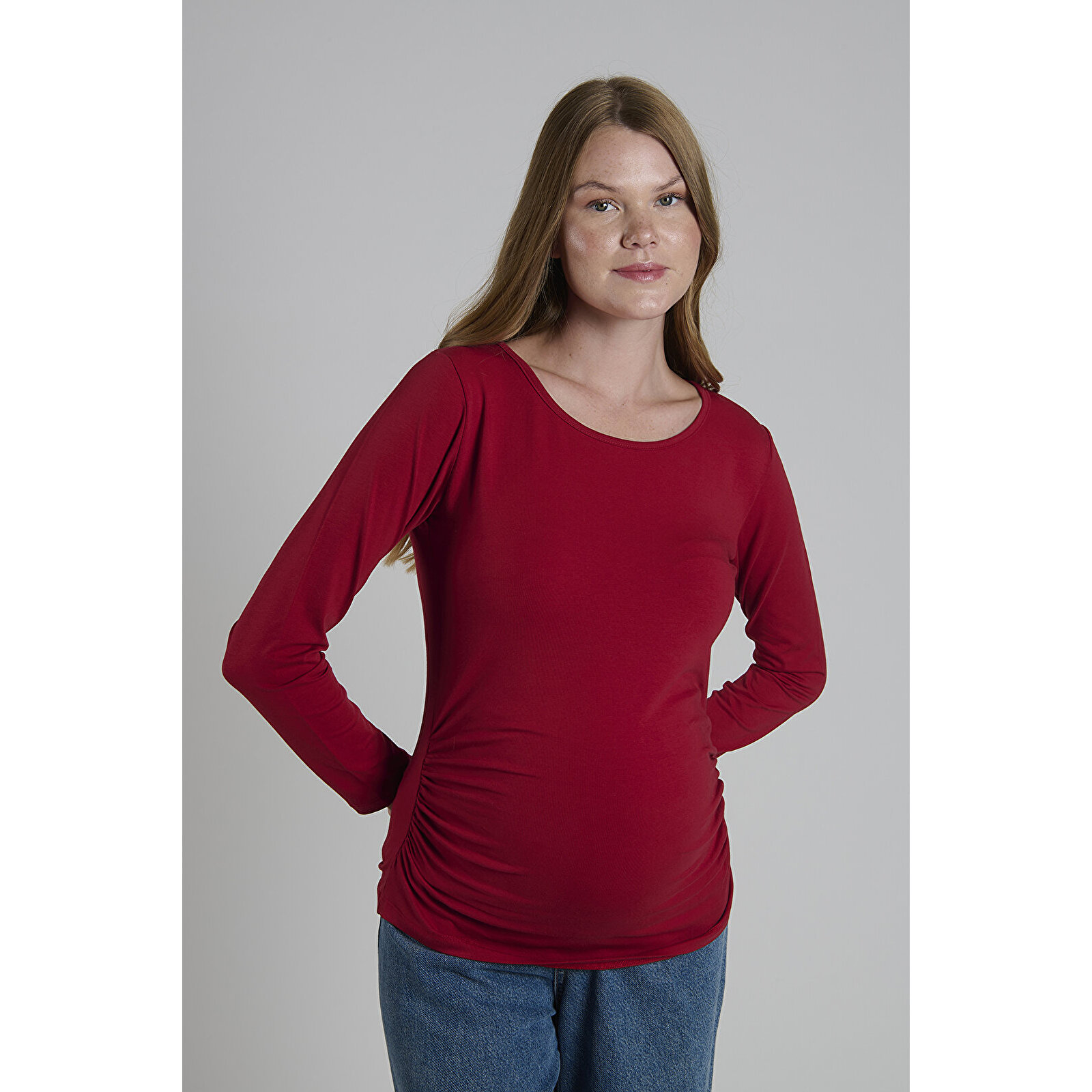 Bordo Bisiklet Yaka Uzun Kollu Kadın Hamile Tişört