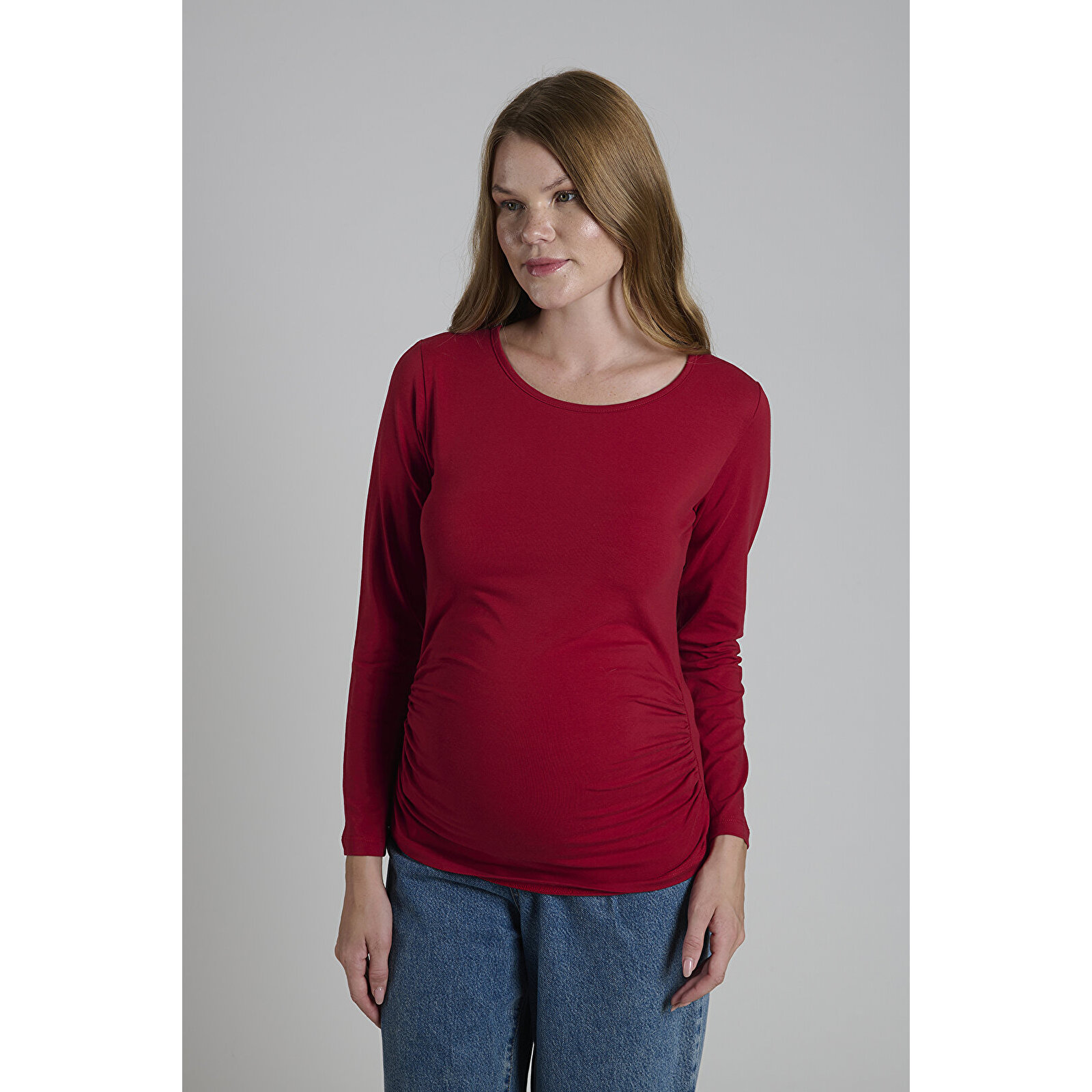 Bordo Bisiklet Yaka Uzun Kollu Kadın Hamile Tişört