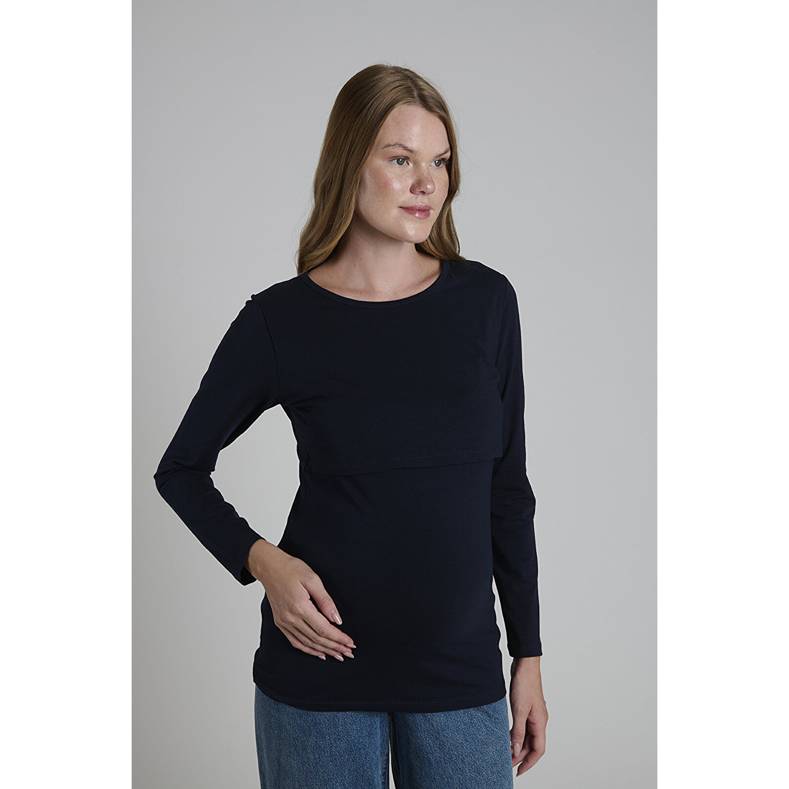 Lacivert Bisiklet Yaka Uzun Kollu Kadın Emzirme Tişört