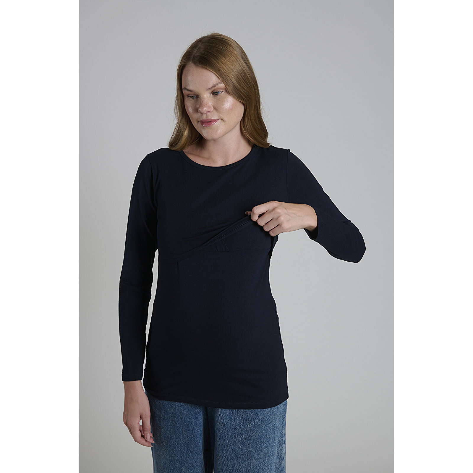 Lacivert Bisiklet Yaka Uzun Kollu Kadın Emzirme Tişört