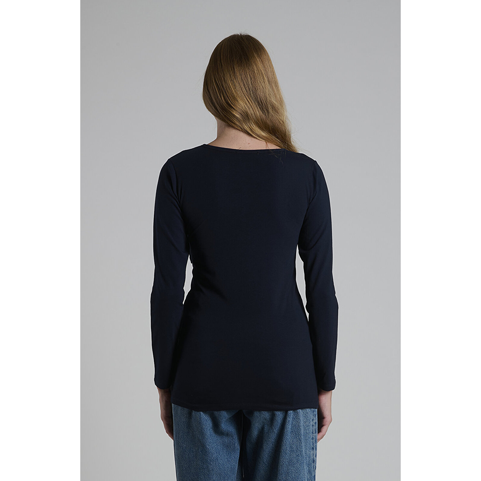 Lacivert Bisiklet Yaka Uzun Kollu Kadın Emzirme Tişört