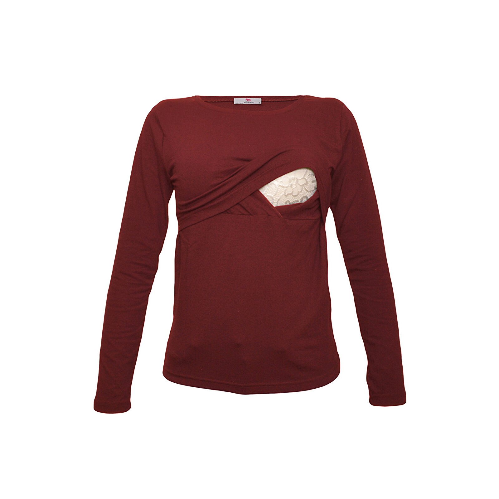 Bordo Bisiklet Yaka Uzun Kollu Kadın Emzirme Tişört