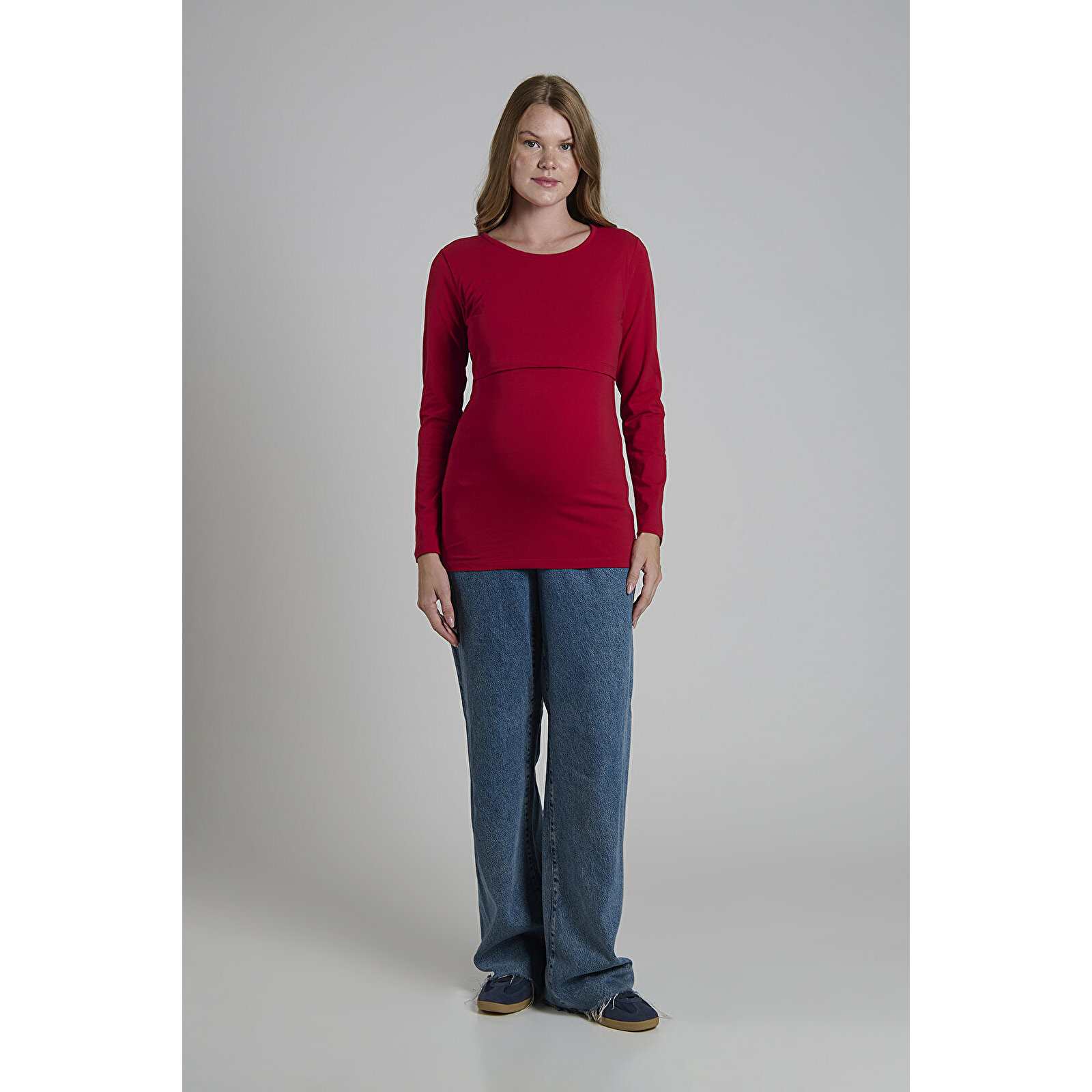 Bordo Bisiklet Yaka Uzun Kollu Kadın Emzirme Tişört