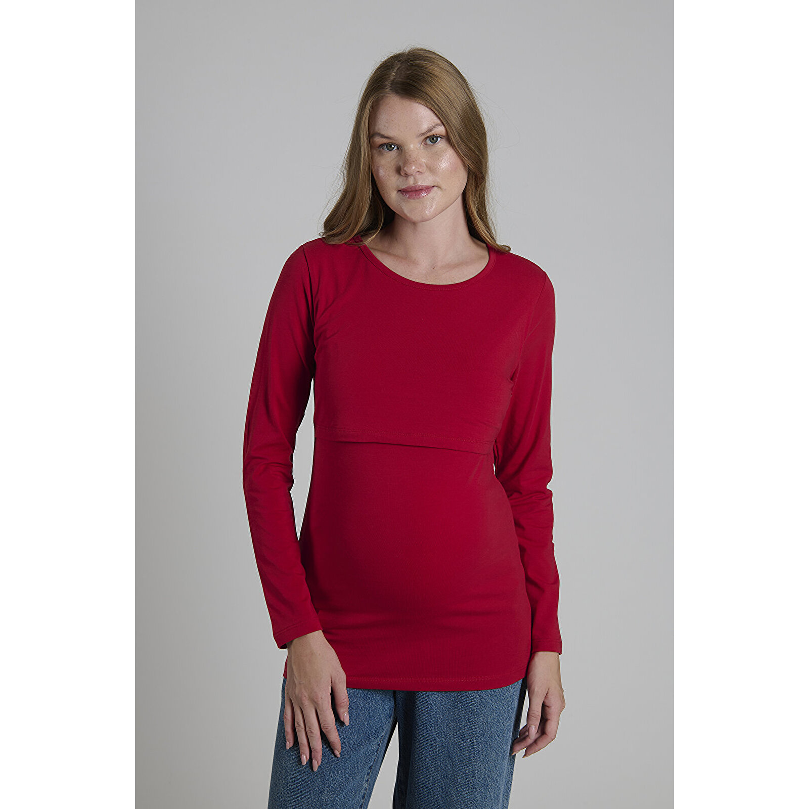 Bordo Bisiklet Yaka Uzun Kollu Kadın Emzirme Tişört