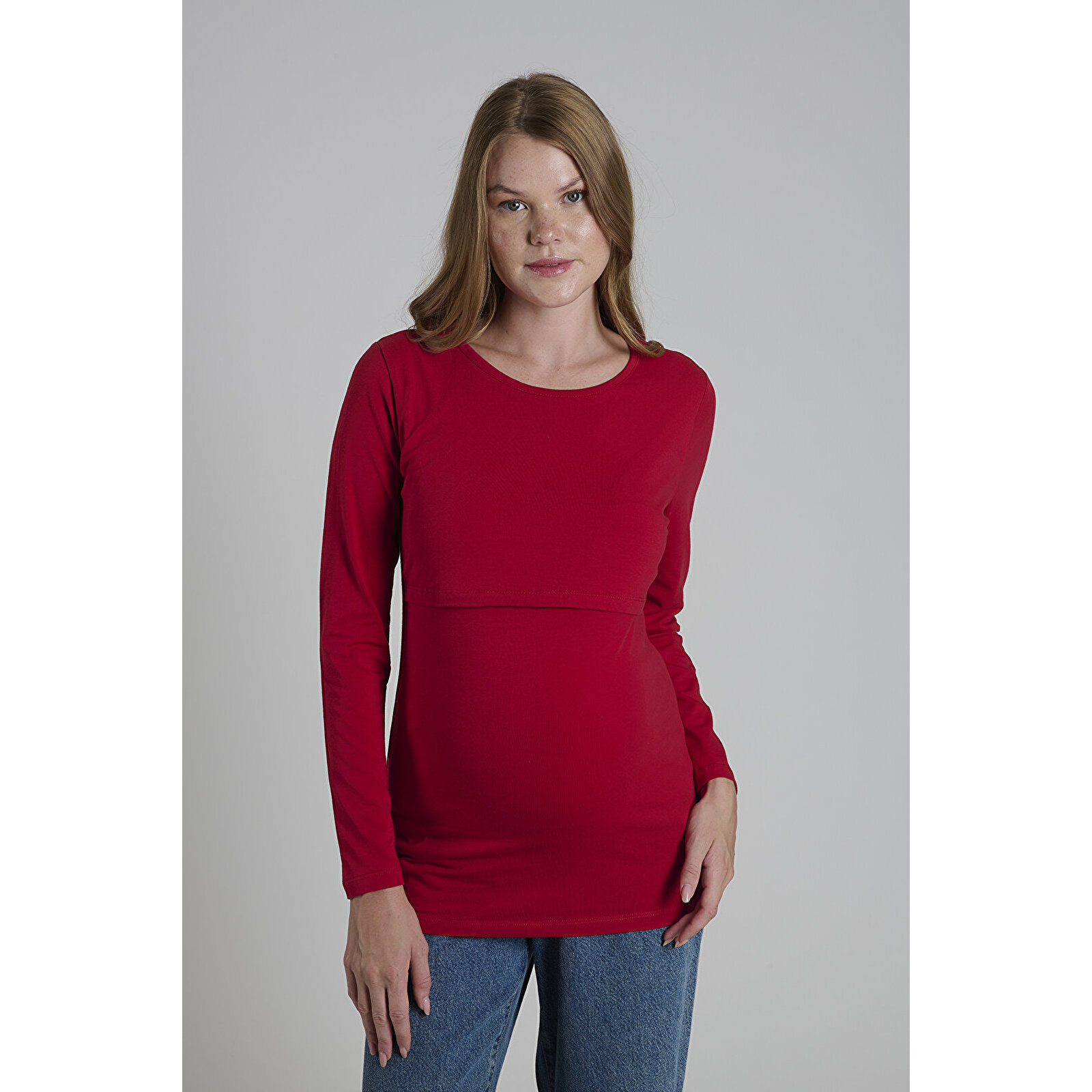 Bordo Bisiklet Yaka Uzun Kollu Kadın Emzirme Tişört