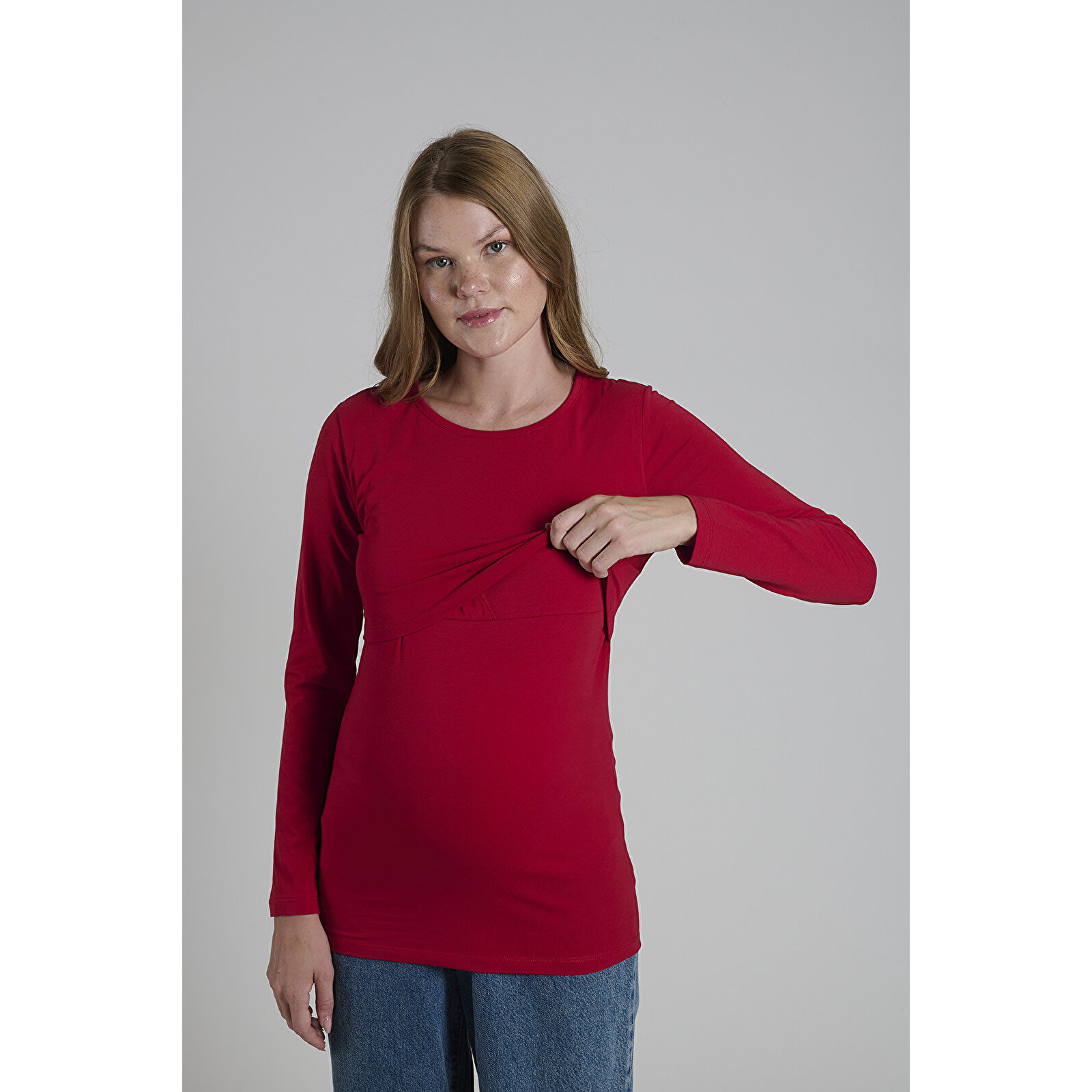 Bordo Bisiklet Yaka Uzun Kollu Kadın Emzirme Tişört