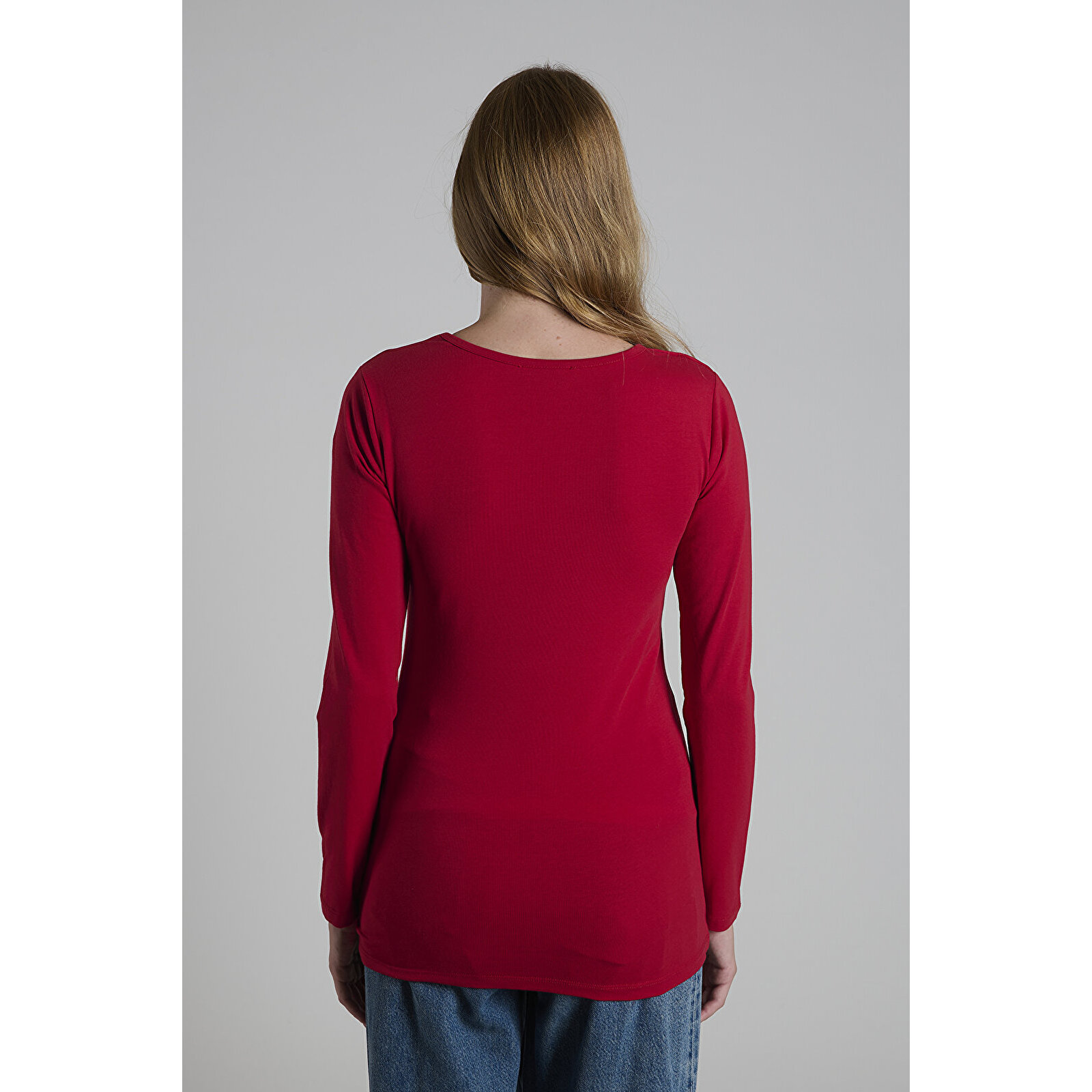 Bordo Bisiklet Yaka Uzun Kollu Kadın Emzirme Tişört