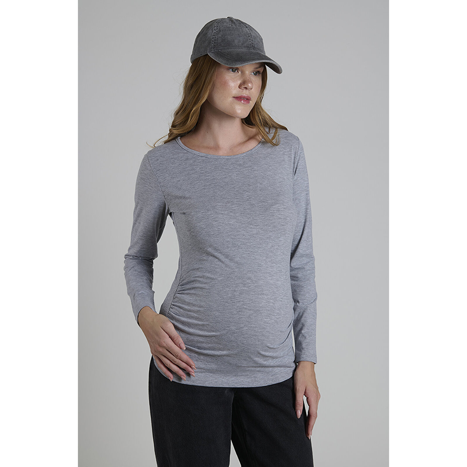 GRİ Bisiklet Yaka Uzun Kollu Kadın Hamile Tişört