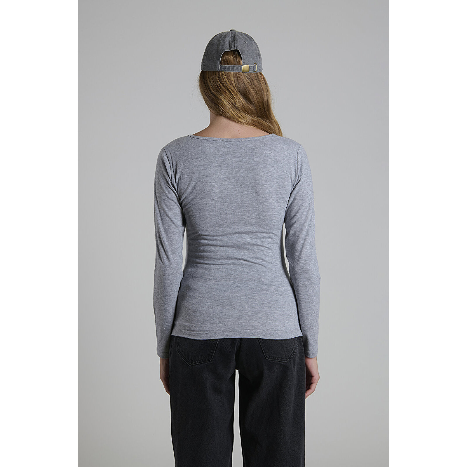 GRİ Bisiklet Yaka Uzun Kollu Kadın Hamile Tişört