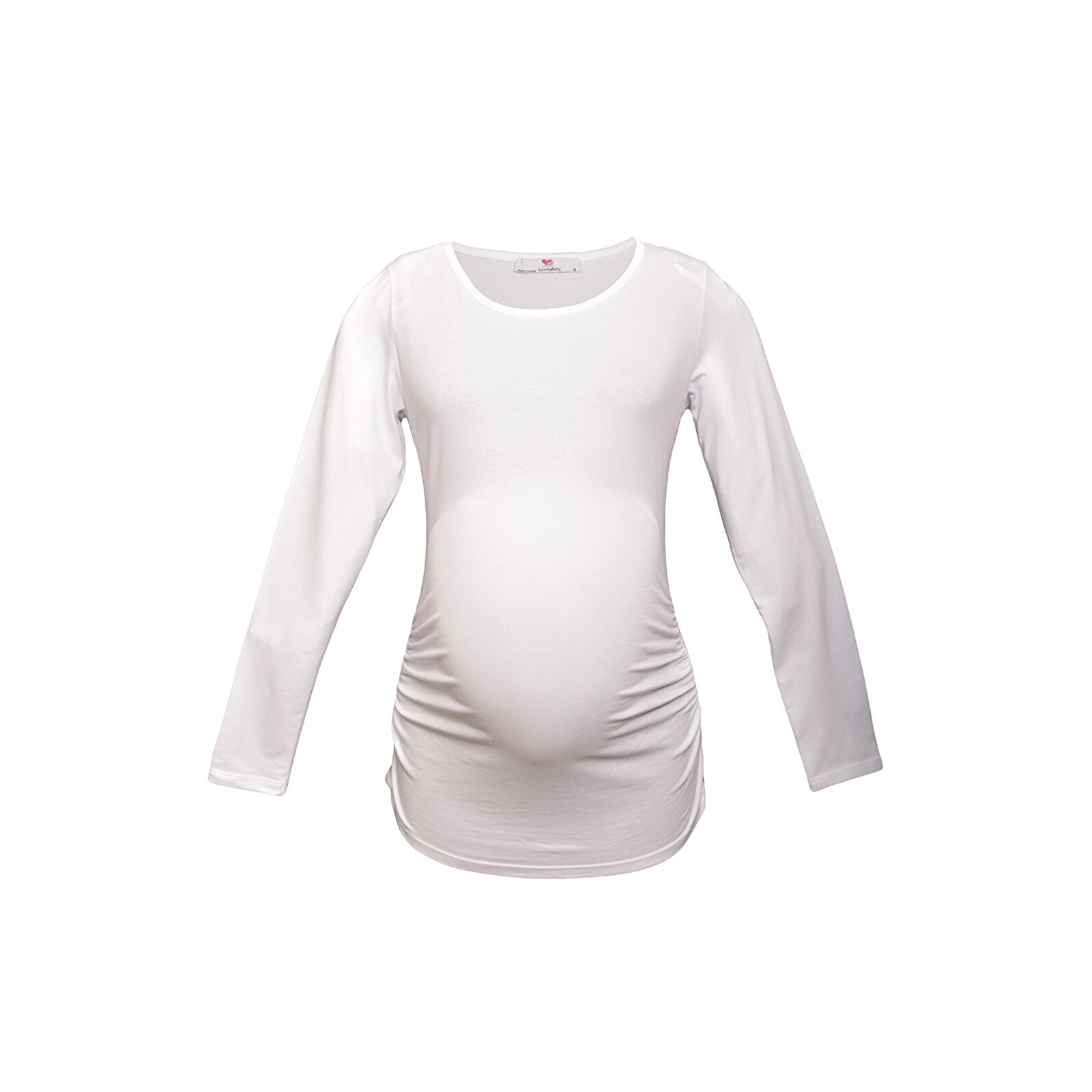 Beyaz Bisiklet Yaka Uzun Kollu Kadın Hamile Tişört