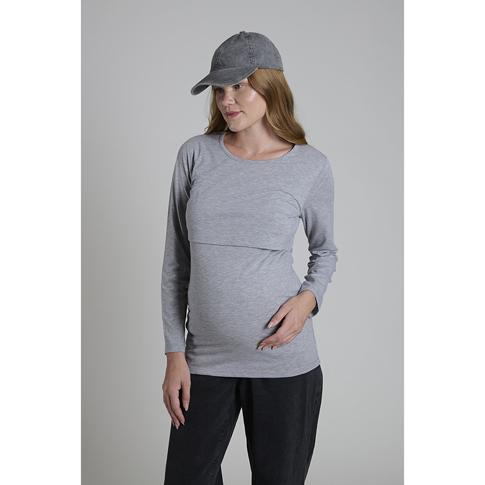 GRİ Bisiklet Yaka Uzun Kollu Kadın Emzirme Tişört GRİ Bisiklet Yaka Uzun Kollu Kadın Emzirme Tişört