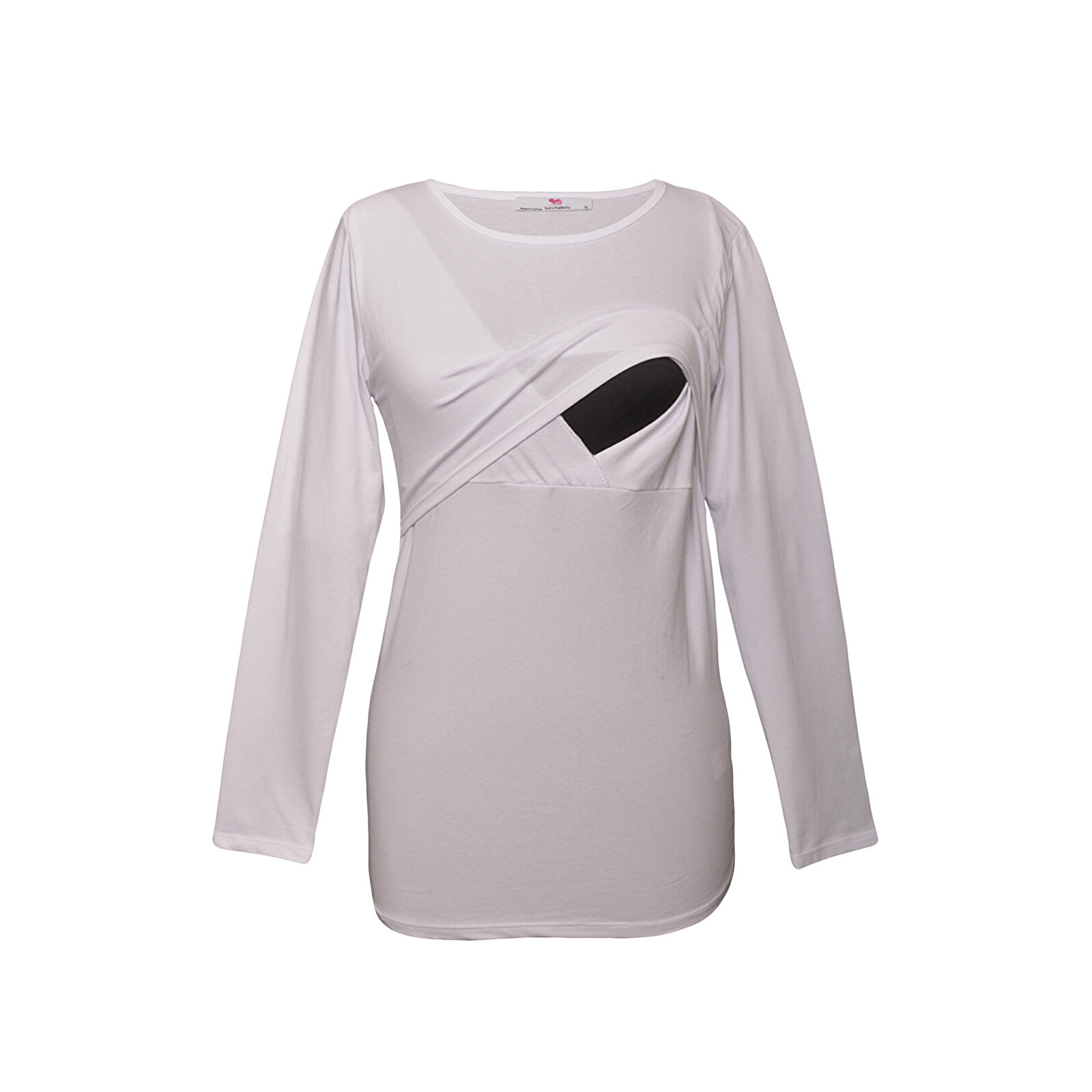 Beyaz Bisiklet Yaka Uzun Kollu Kadın Emzirme Tişört