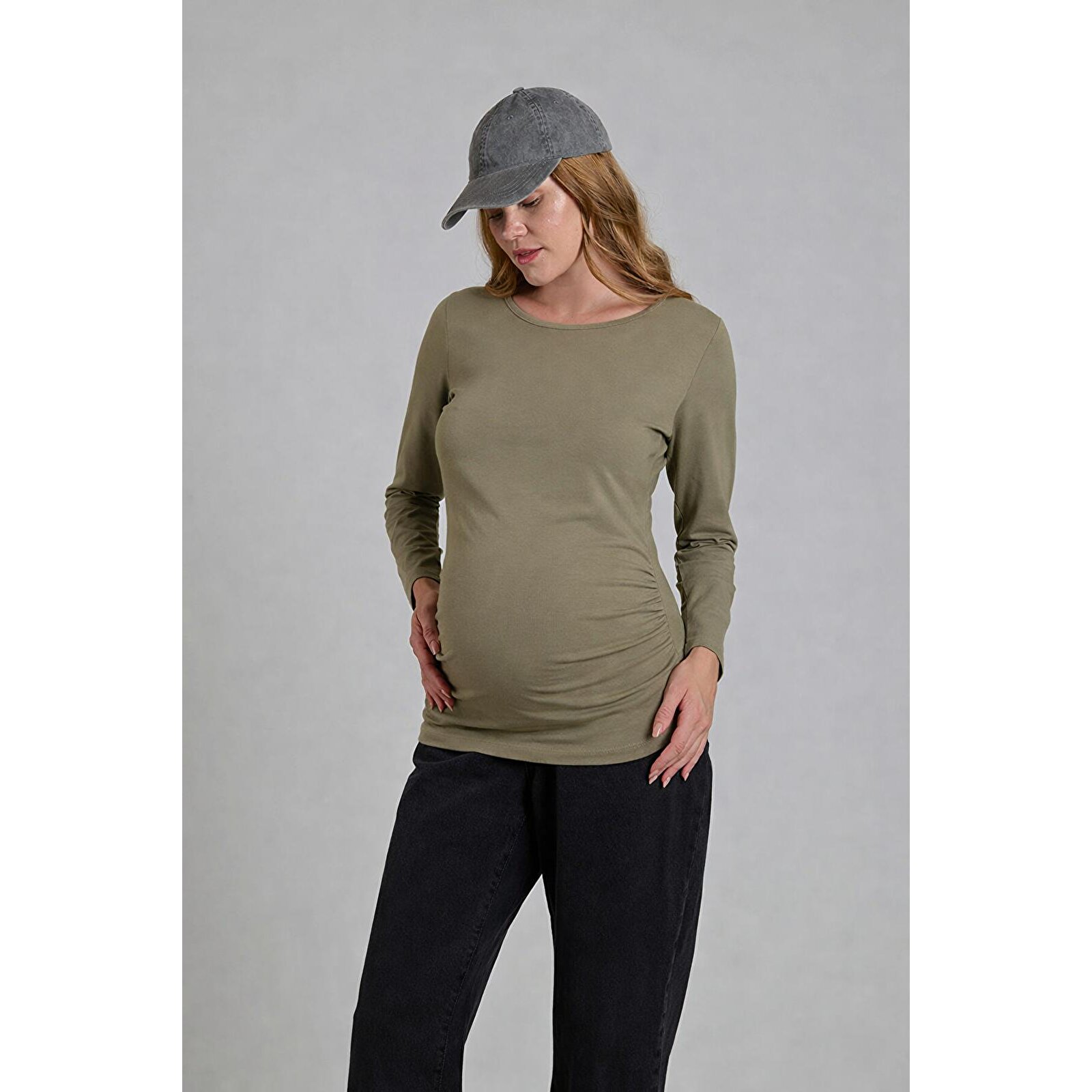 Haki Bisiklet Yaka Uzun Kollu Kadın Hamile Tişört