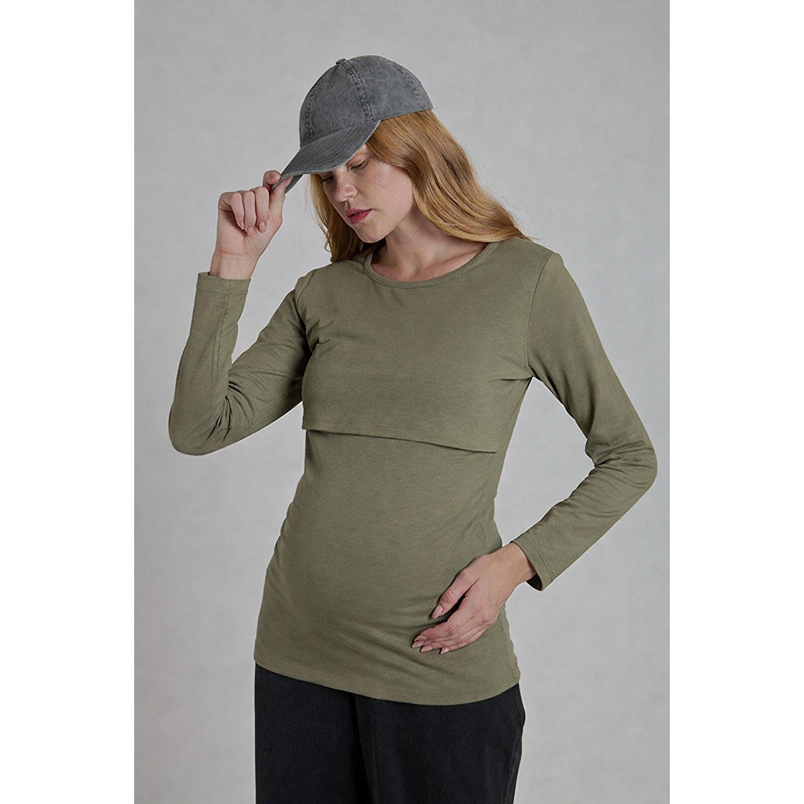 Haki Bisiklet Yaka Uzun Kollu Kadın Hamile Tişört