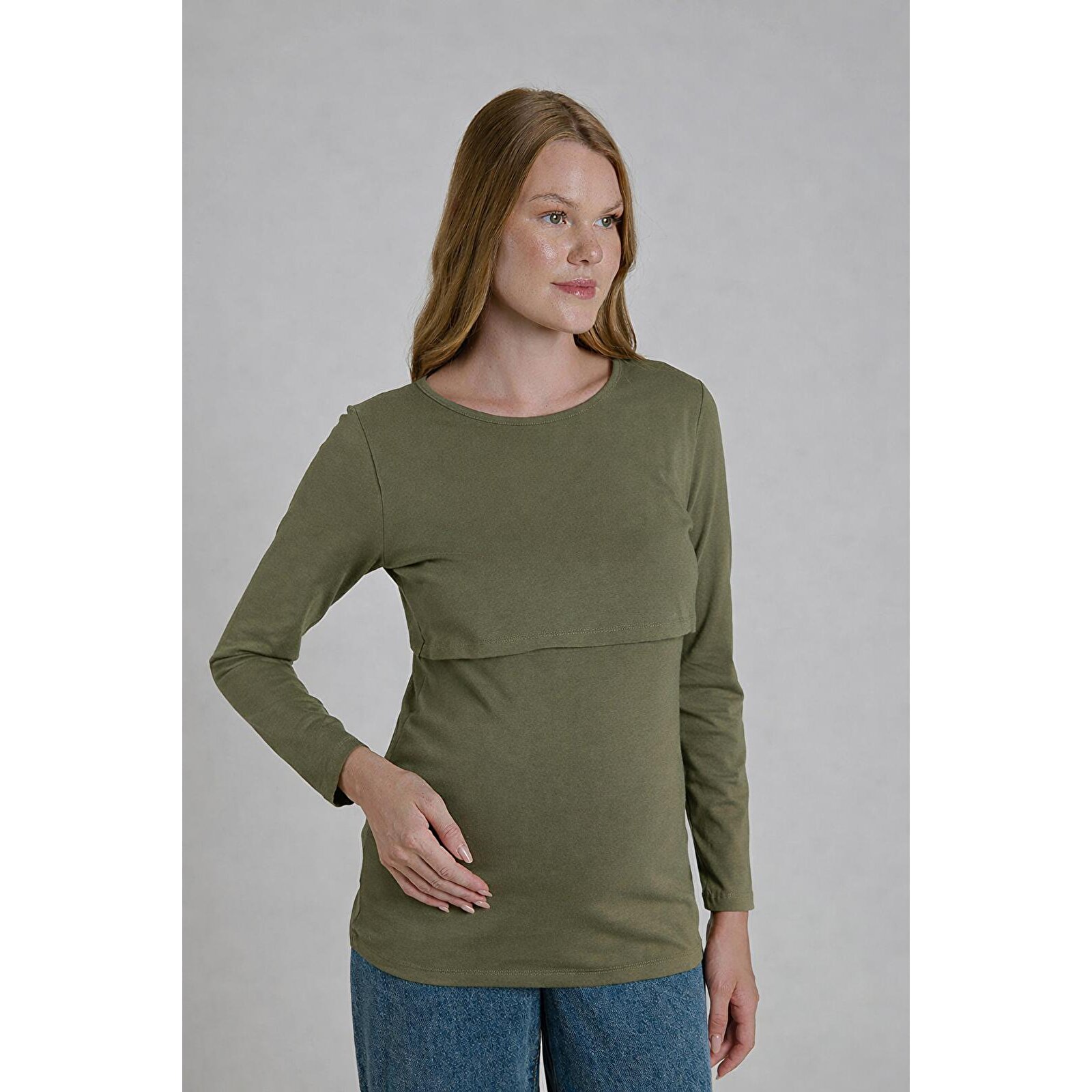 Haki Bisiklet Yaka Uzun Kollu Kadın Emzirme Tişört