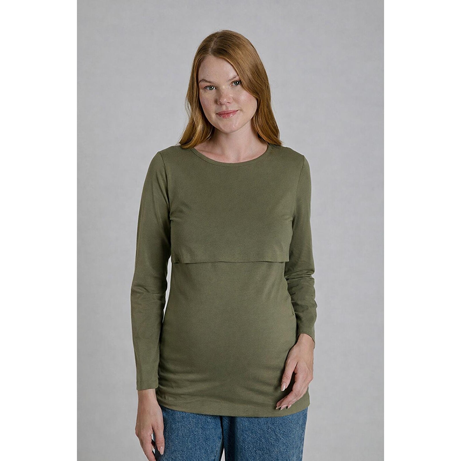 Haki Bisiklet Yaka Uzun Kollu Kadın Emzirme Tişört Haki Bisiklet Yaka Uzun Kollu Kadın Emzirme Tişört