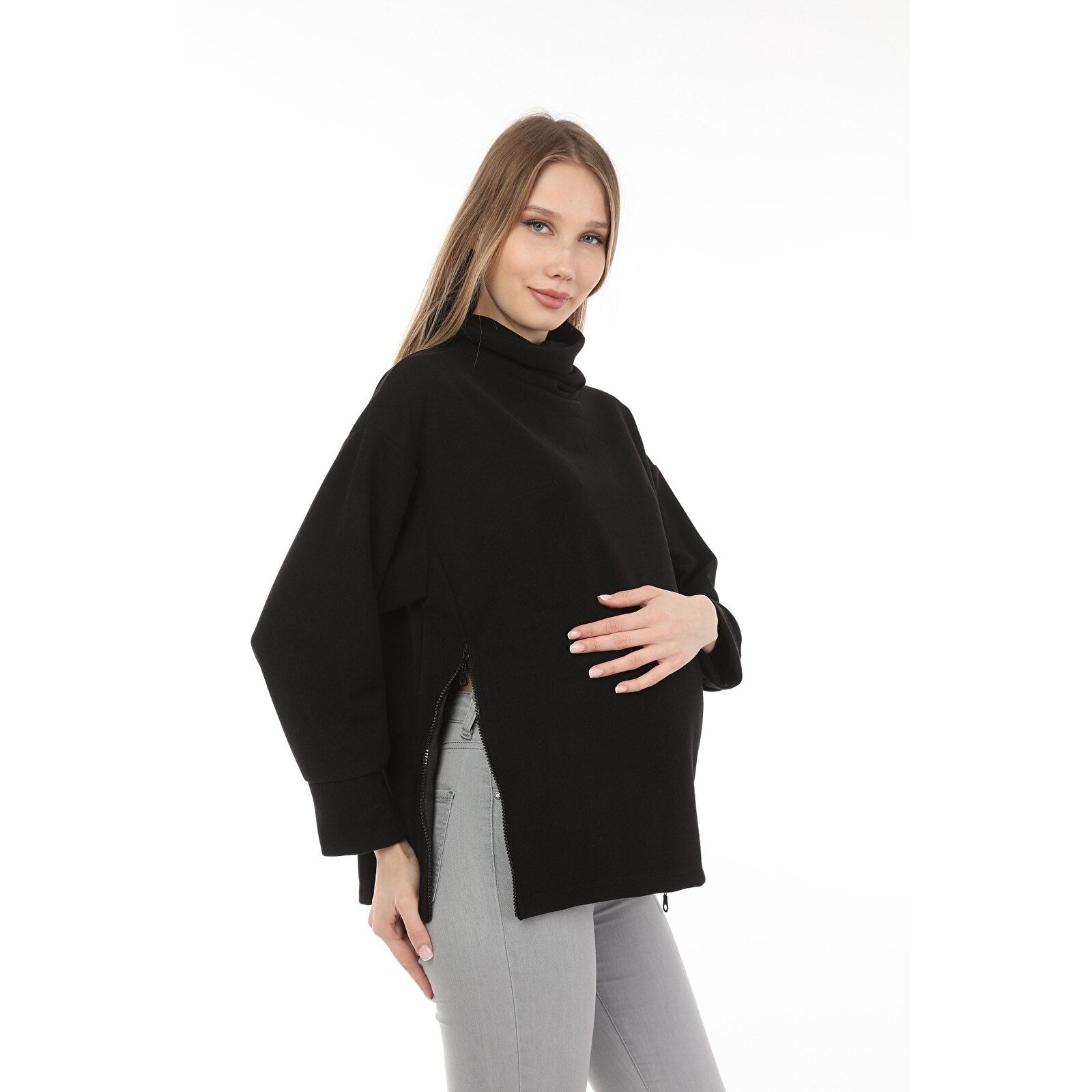 Siyah Boğazlı Uzun Kollu Kadın Hamile Sweatshirt