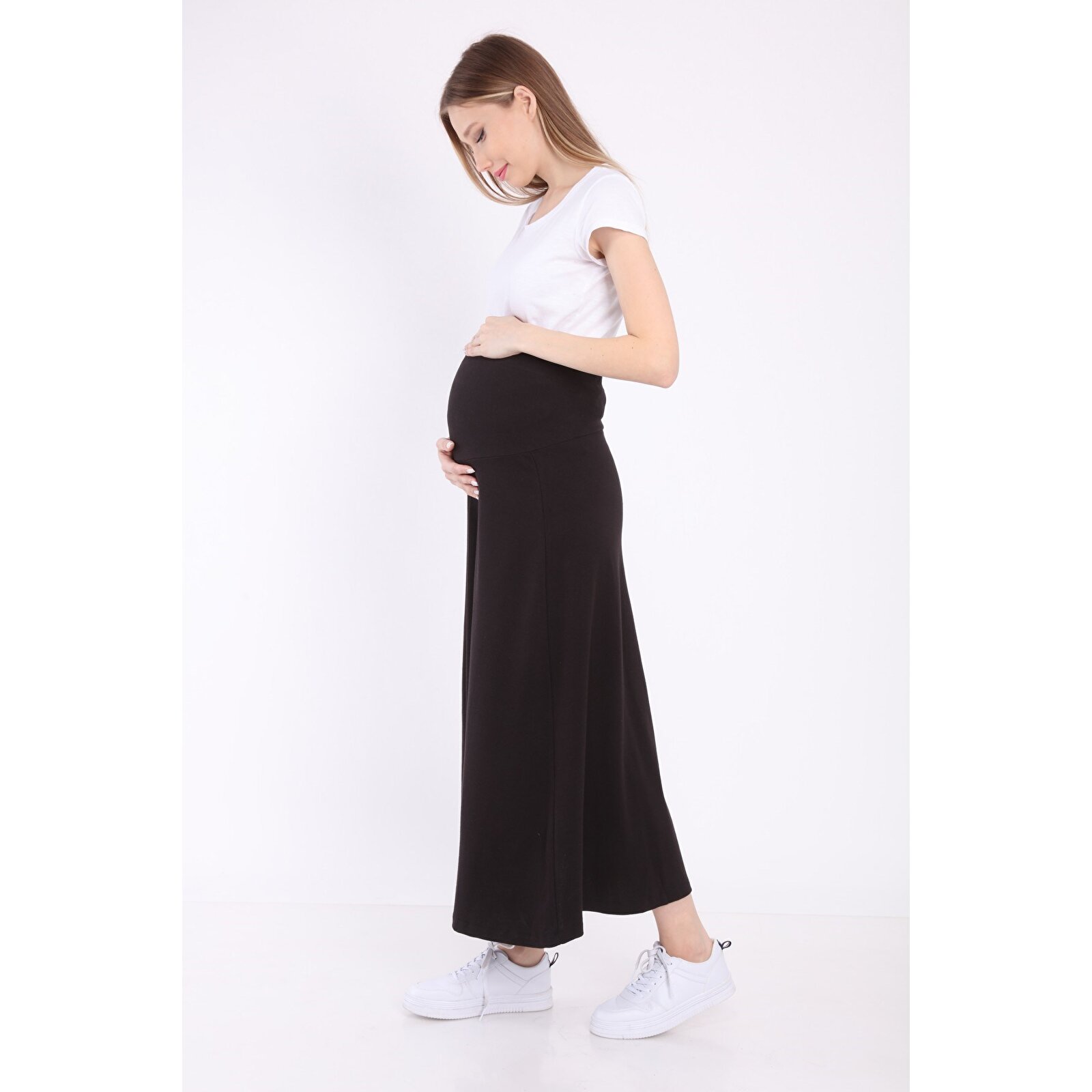 Siyah Beli Ayarlı Lastikli Kadın Uzun Hamile Etek